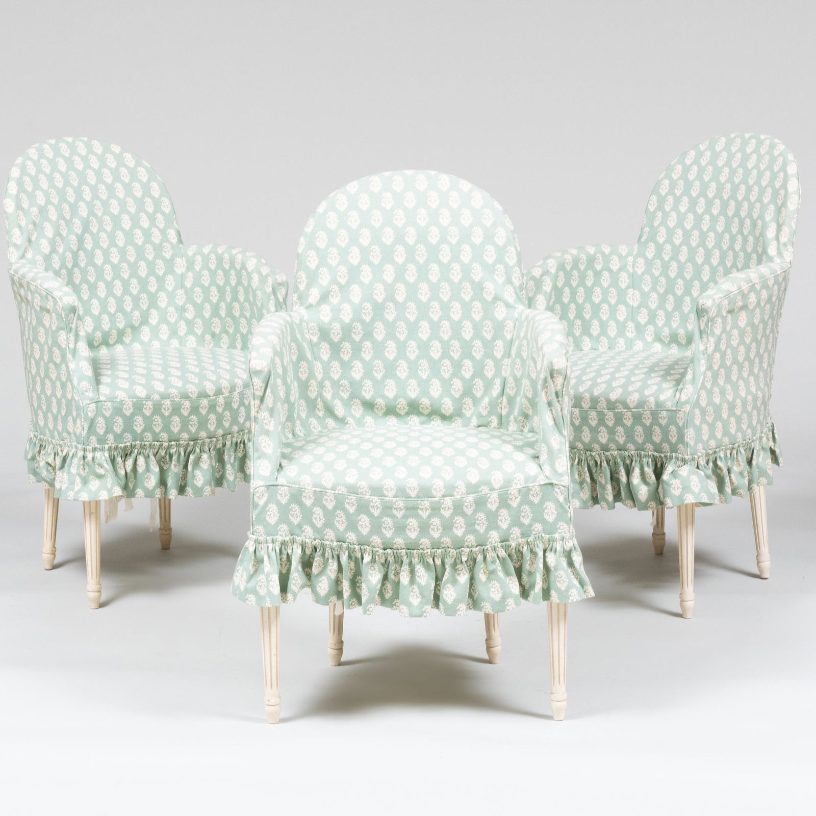 Three Louis XVI Style Cream Painted and Upholstered Fauteuils en Cabriolet (1 of 8)