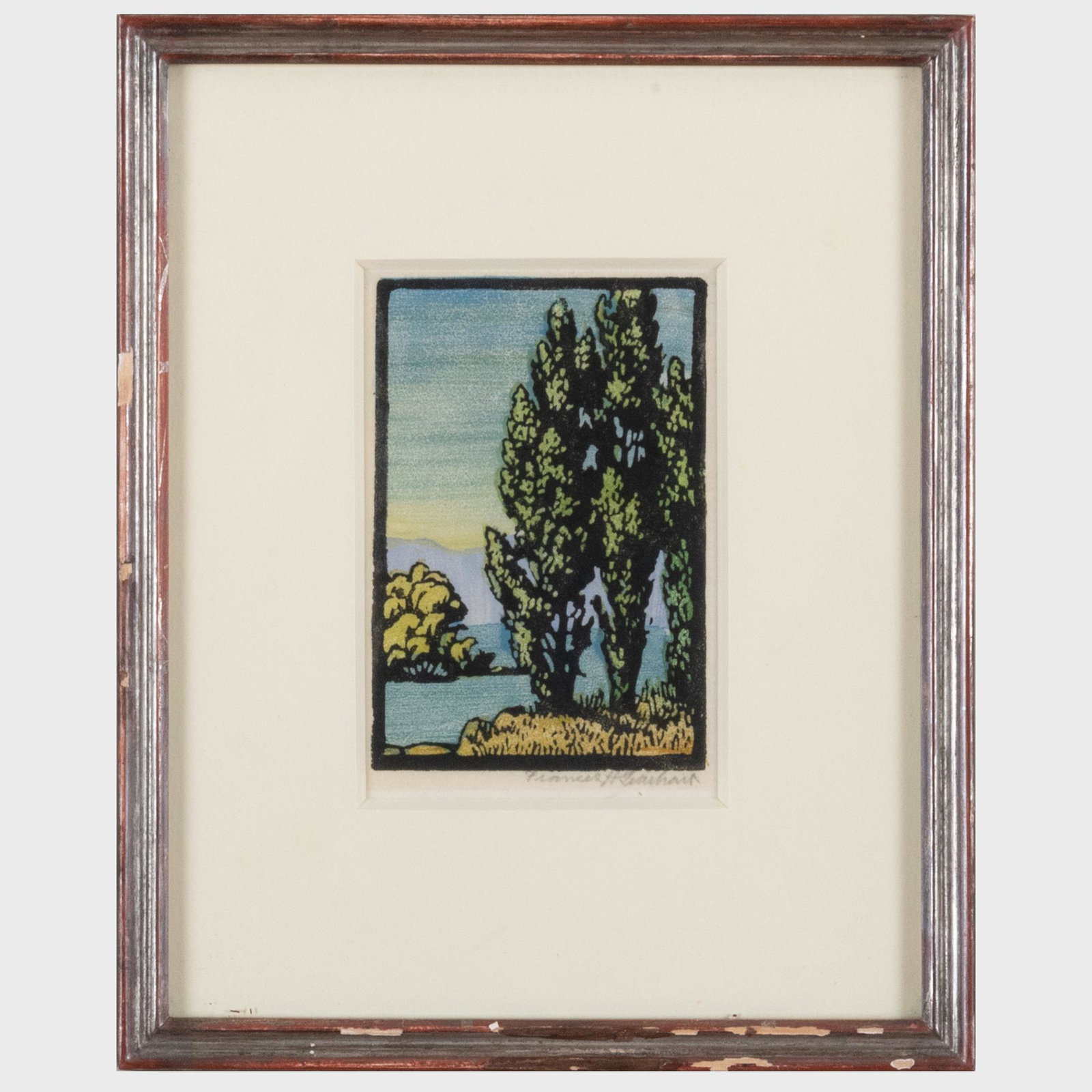 Frances Hammel Gearhart (1869-1958): Trees: Frances Hammel Gearhart (1869-1958): Trees Woodcut in colors on tissue thin Japan, signed in pencil. 6 1/2 x 4 1/2 in. (sheet), 11 x 9 in. (frame). The Collection of Jill and John Fairchild