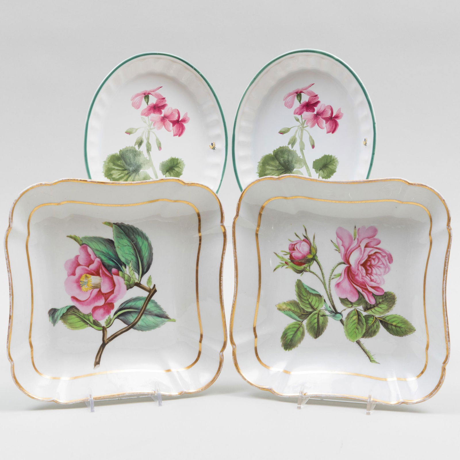 Pair of English Botanical Shaped Square Porcelain Dishes and a Pair of Colefax & Fowler Oval Dishes (1 of 12)