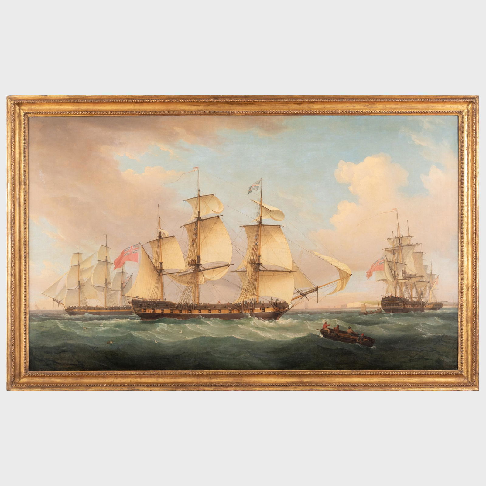 Thomas Whitcombe (1752-1824): A Frigate in Two Positions Calling for a Pilot in the Downs: Thomas Whitcombe (1752-1824): A Frigate in Two Positions Calling for a Pilot in the Downs Oil on canvas, c. 1783, unsigned, lined. 36 x 60 in., 40 1.2 x 64 1/2 in. (frame). Julian Simon Fine Art, Lond