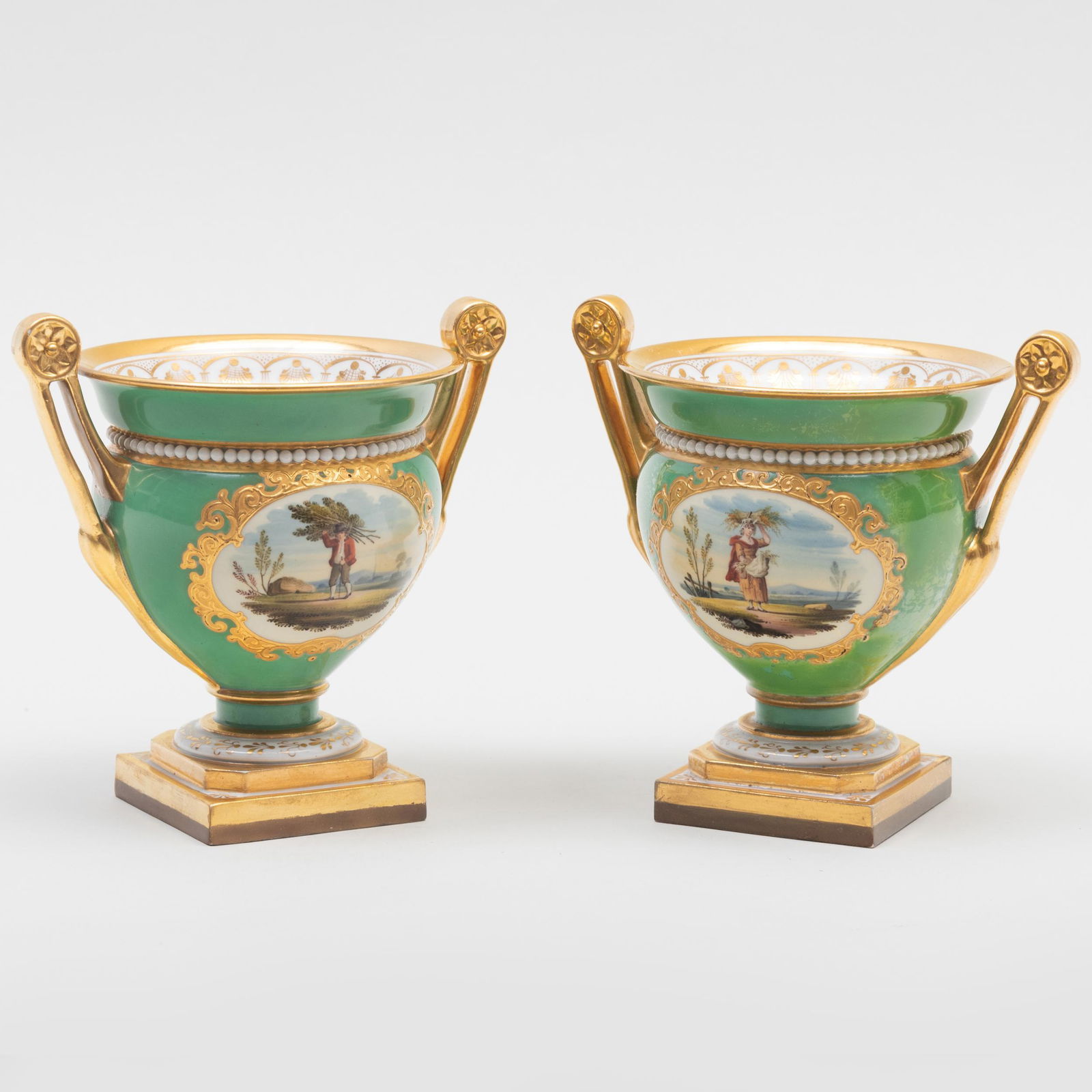 Pair of English Flight, Barr & Barr Green Ground Porcelain Small Urns (1 of 10)