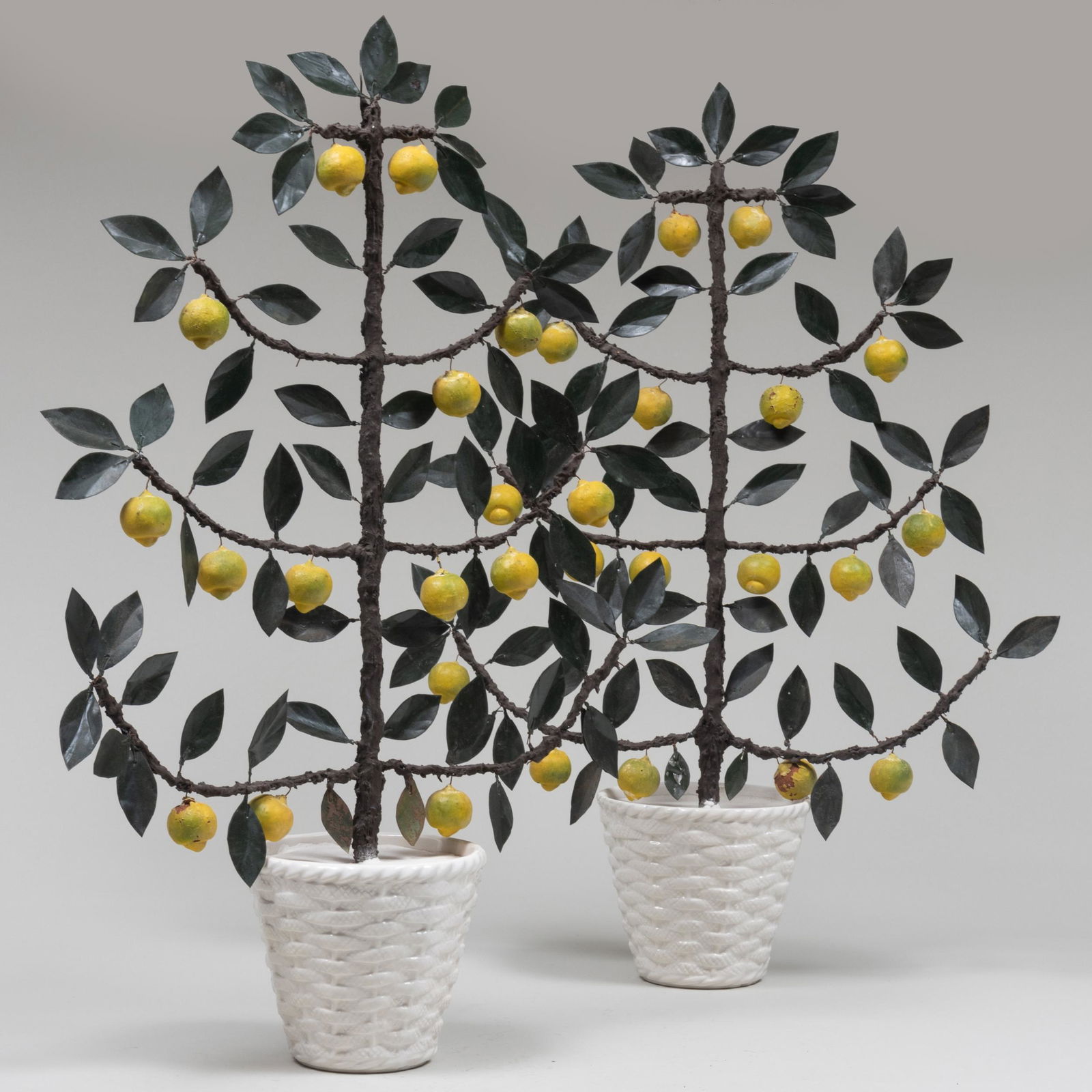 Pair of Italian Painted Tôle Espalier Lemon Trees in Glazed Pottery Pots (1 of 7)