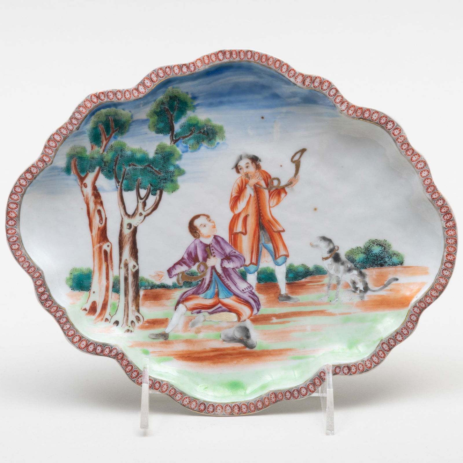 Famille Rose Scalloped Oval Dish with Two Huntsman (1 of 3)