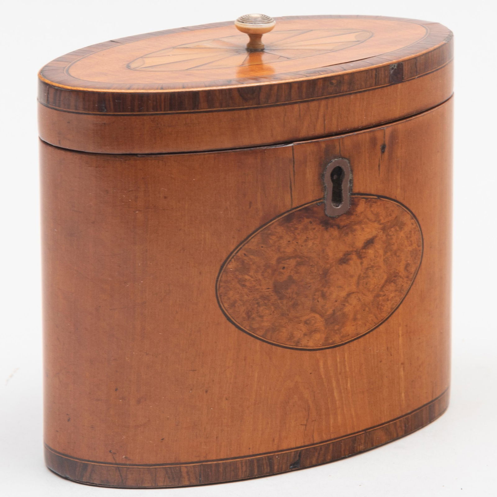George III Burl Yew, Rosewood and Fruitwood Oval Tea Caddy (1 of 9)