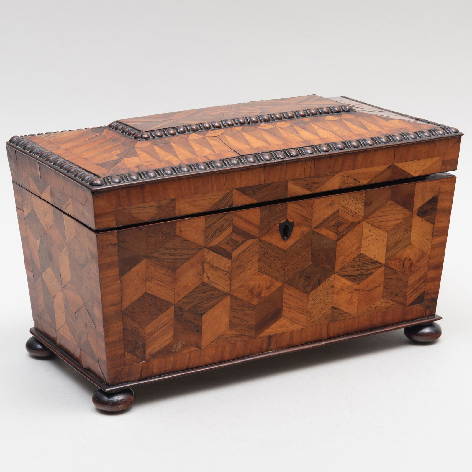 Large Regency Mahogany, Walnut and Fruitwood Parquetry Tea Caddy (1 of 8)