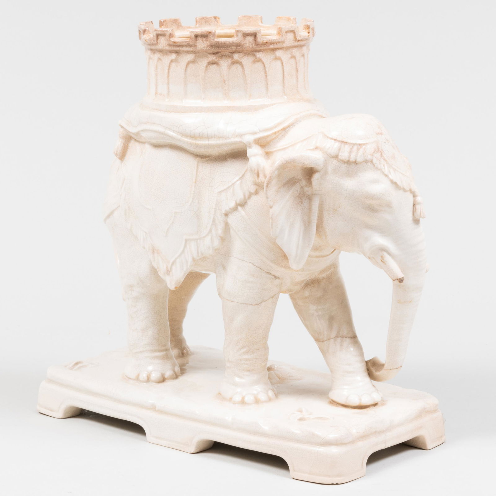 White Glazed Ceramic Caparisoned Elephant Form Jardinière, Probably English (1 of 10)