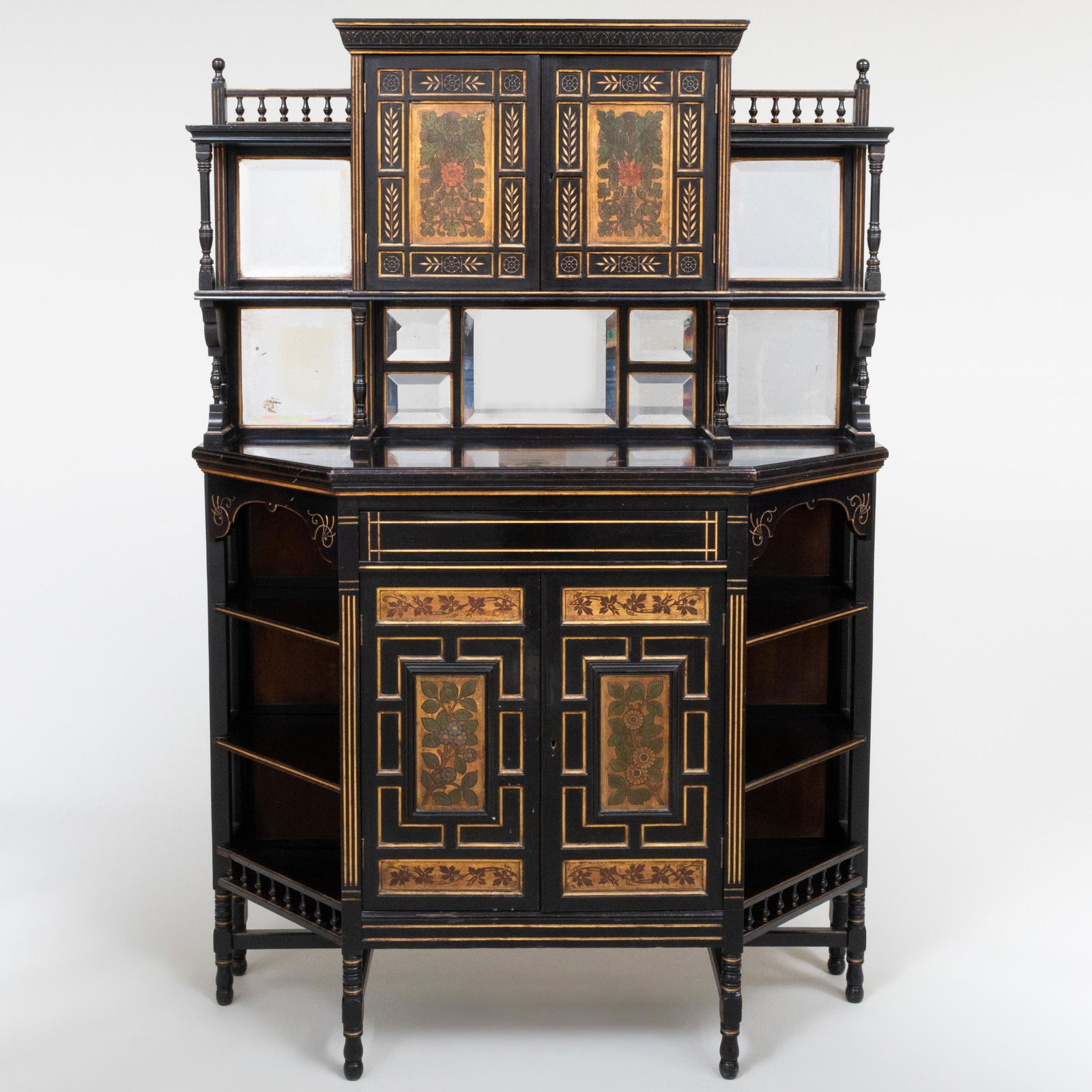 English Aesthetic Movement Ebonized, Parcel-Gilt and Polychrome Painted Cabinet (1 of 10)