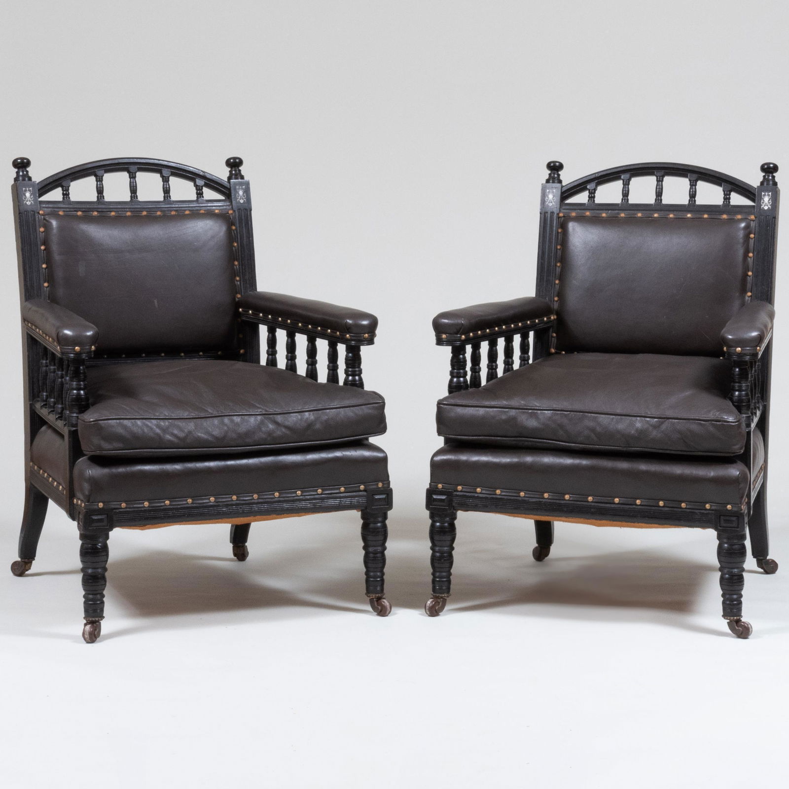 Pair of Late Victorian Ebonized And Leather Upholstered Armchairs (1 of 7)