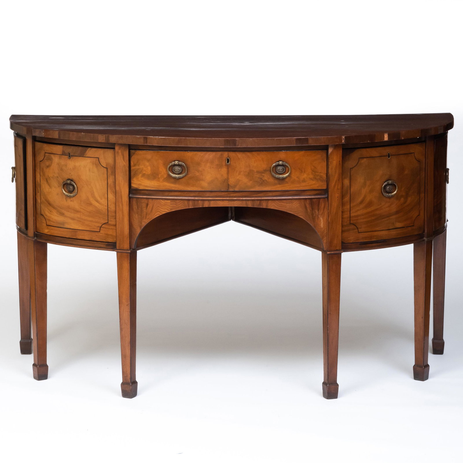 George III Inlaid Mahogany D-Shape Sideboard: George III Inlaid Mahogany D-Shape Sideboard </ 36 3/4 x 5 ft. 6 1/2 x 32 1/2 in. </ </