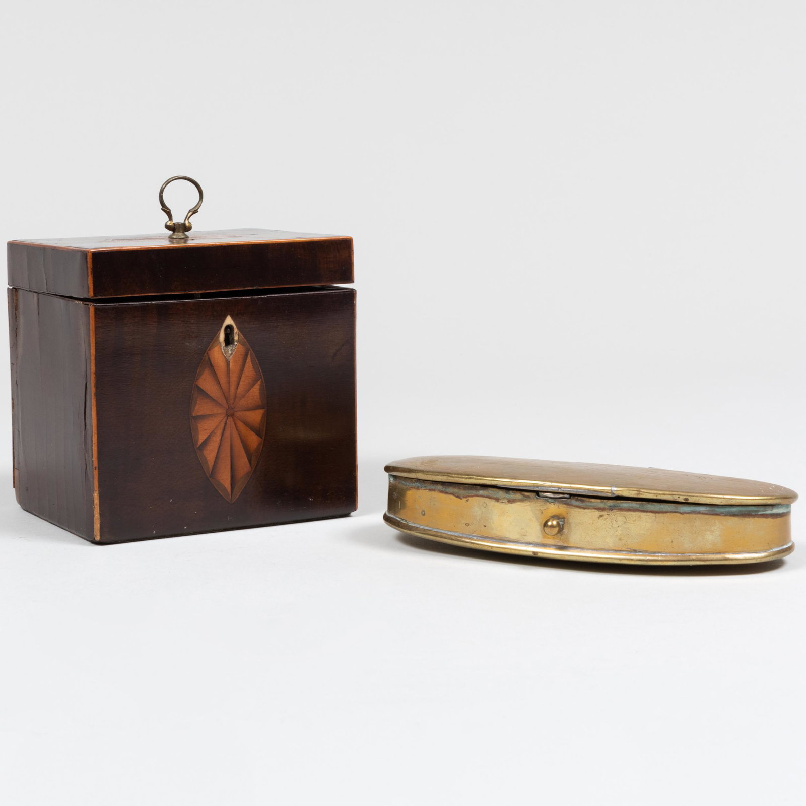 English Inlaid Wood Tea Caddy and a Dutch Brass Tobacco Tin (1 of 15)