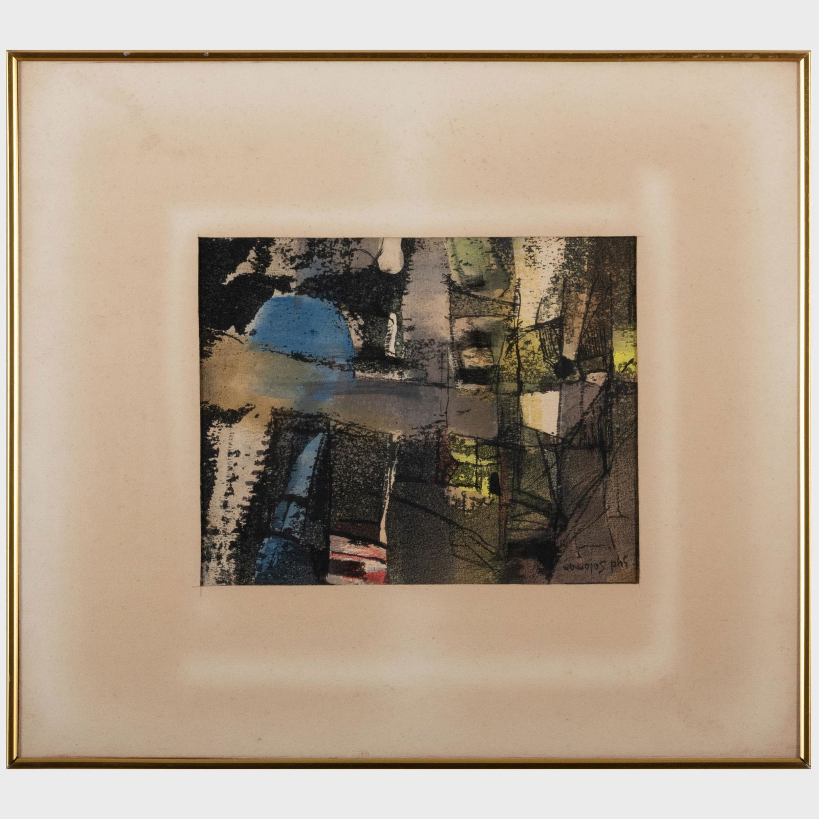 Syd Solomon (1917-2004): Bridgescape: Syd Solomon (1917-2004): Bridgescape Watercolor on paper, 1963, signed 'Syd Solomon' upper left, signed, titled and dated on the back of the frame. 10 x 11 in. (sheet), 16 x 18 in. (frame).