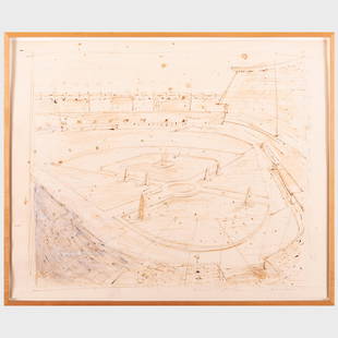 Nabil Nahas (b. 1949): The "Frenchise" Yankee Stadium: Nabil Nahas (b. 1949): The "Frenchise" Yankee Stadium Mixed media on paper, 1988, signed 'Nabil Nahas', titled and dated lower right, with label from The Municipal Art Society. 22 3/4 x 28 in. (sheet)