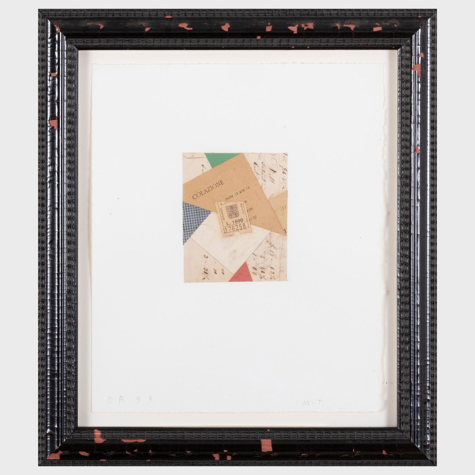 Dan Rizzie (b. 1951): Untitled: Dan Rizzie (b. 1951): Untitled Collage on paper, 1999, signed with initials 'DR' and dated lower left, inscribed 'M.T.' lower right, with a letter from the artist on the back of the frame. 13 x 11 in.