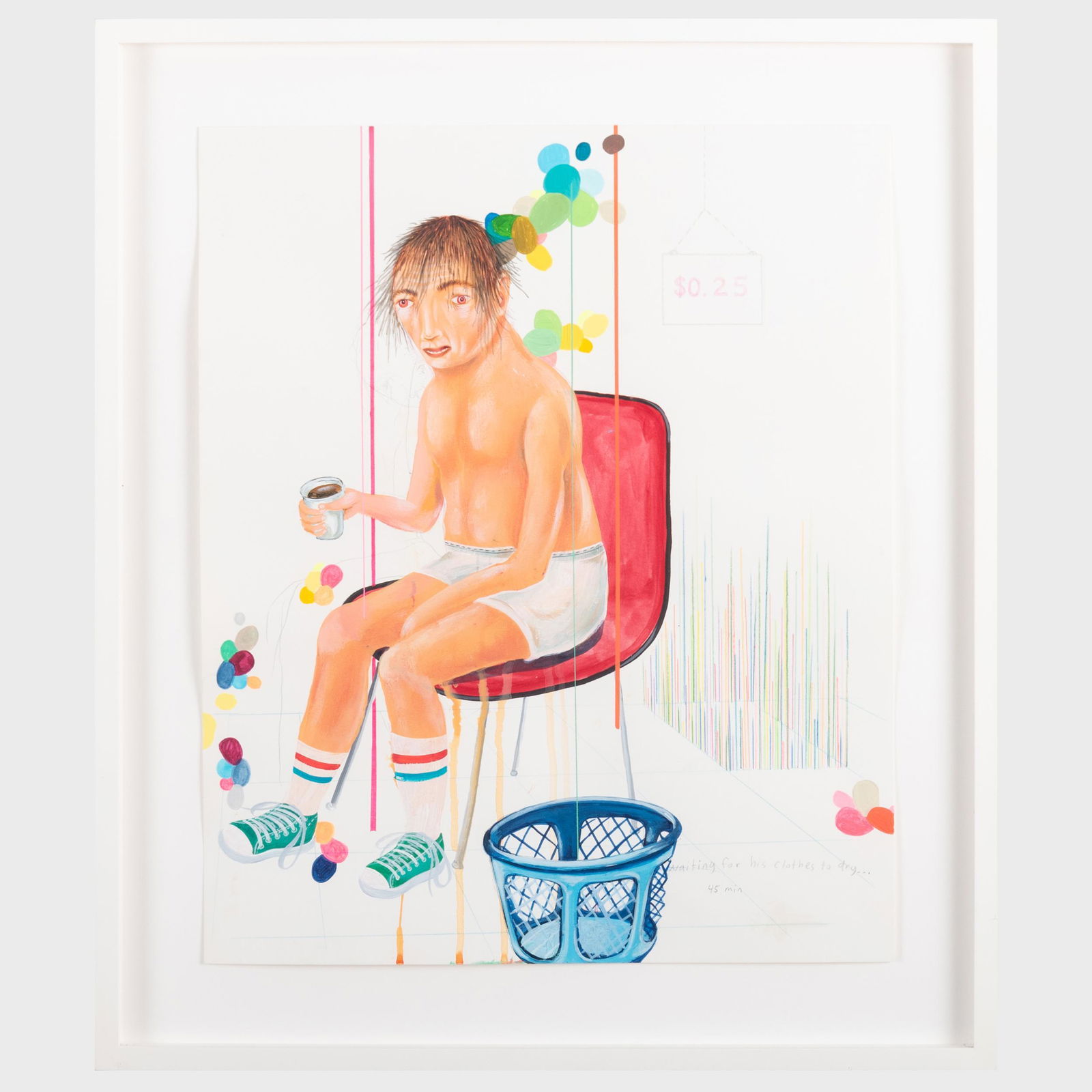 Clayton Brothers: Drying Time 45 Minutes: Clayton Brothers: Drying Time 45 Minutes Mixed media on paper, 2006, unsigned, inscribed 'waiting for his clothes to dry...45 minutes' lower right, with label from Bellweather, NY. 17 x 14 in. (sheet)