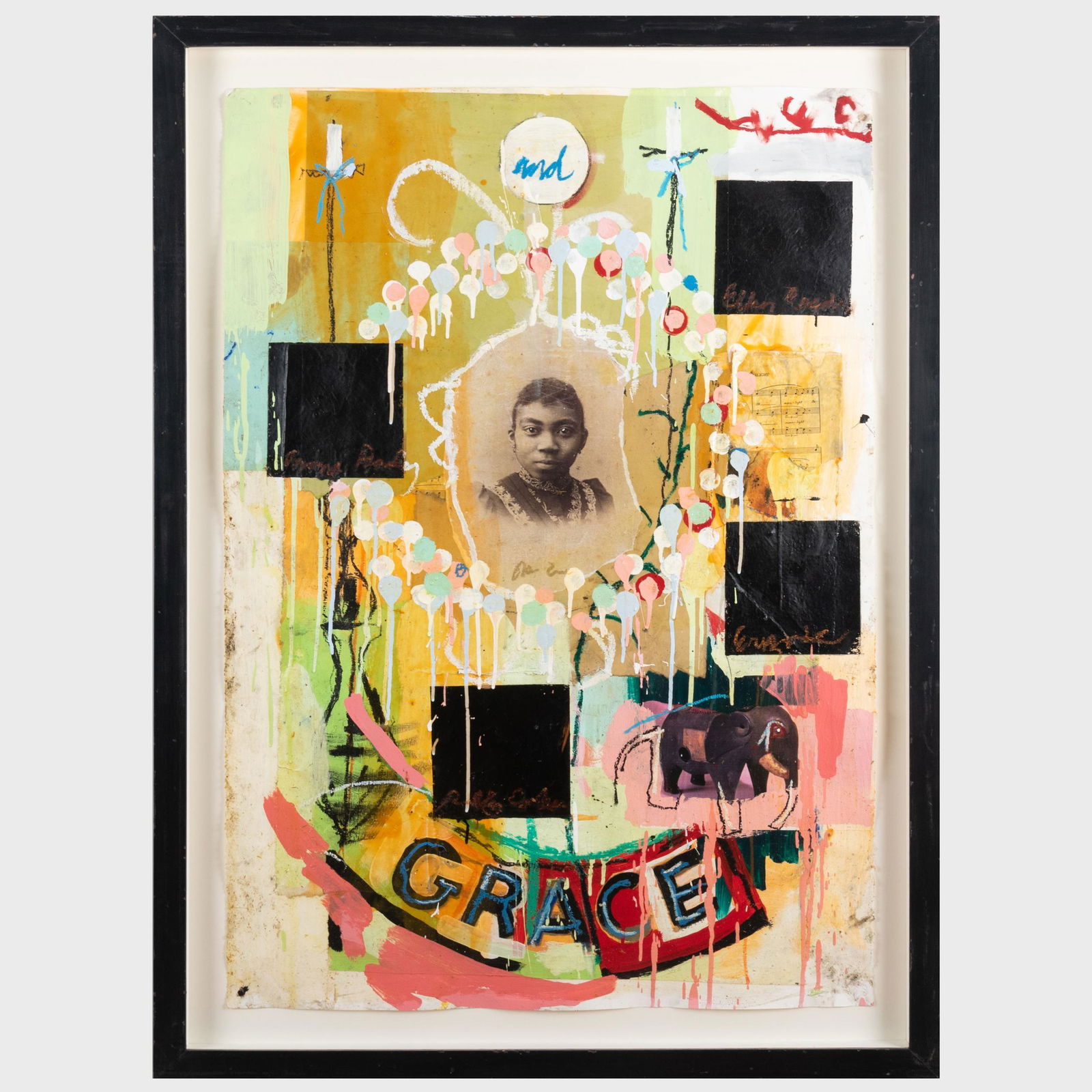 Radcliffe Bailey (b. 1968): Grace: Radcliffe Bailey (b. 1968): Grace Mixed media on paper, 1995, unsigned, with label from David Beitzel Gallery, NY. 44 x 30 in. (sheet), 50 1/2 x 36 1/2 in. (frame). Note: 
