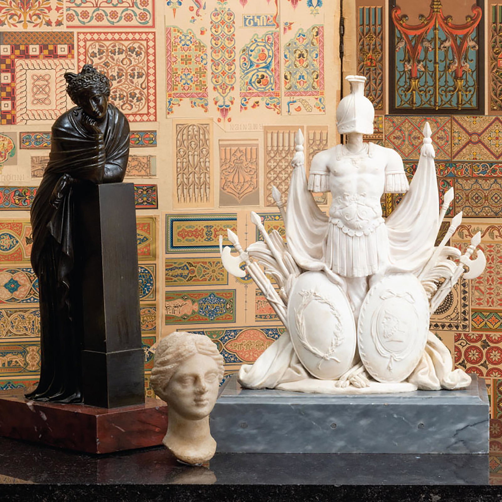 Fine French Bisque Military Trophy: Fine French Bisque Military Trophy Raised on a grey marble stand. 15 1/4 x 10 3/4 x 7 1/8 in. Bernard Steinitz, Paris, sold as Louis XVI, January 10, 2006. Property of a European Collector