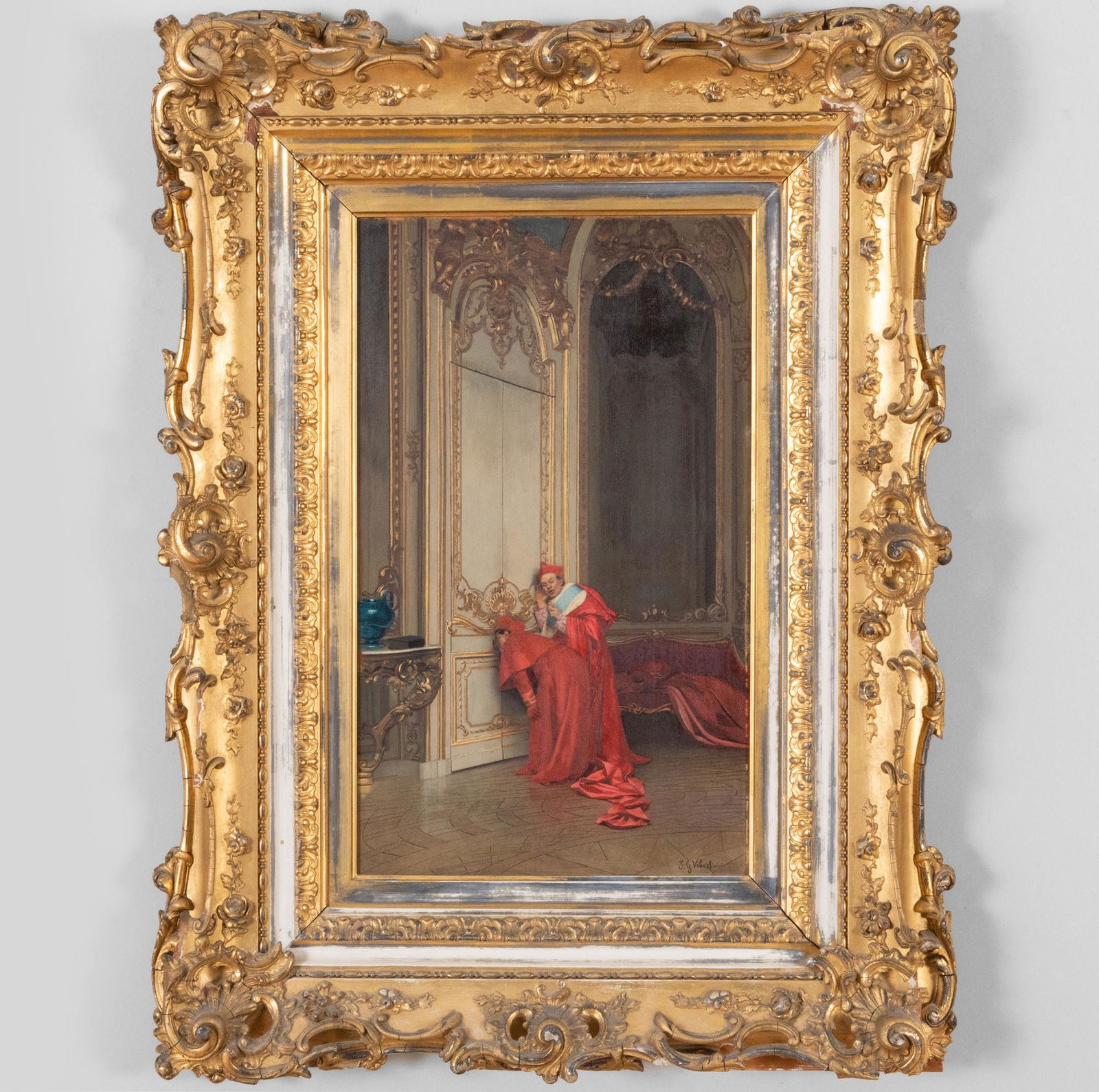 Jean Georges Vibert (1840-1902): Top Secret: Two Cardinals in an Interior Looking Through a Keyhole: Jean Georges Vibert (1840-1902): Top Secret: Two Cardinals in an Interior Looking Through a Keyhole and Listening Through the Closed Door Oil on board, signed 'J.G. Vibert' lower right.22 x 14 1/2 in.