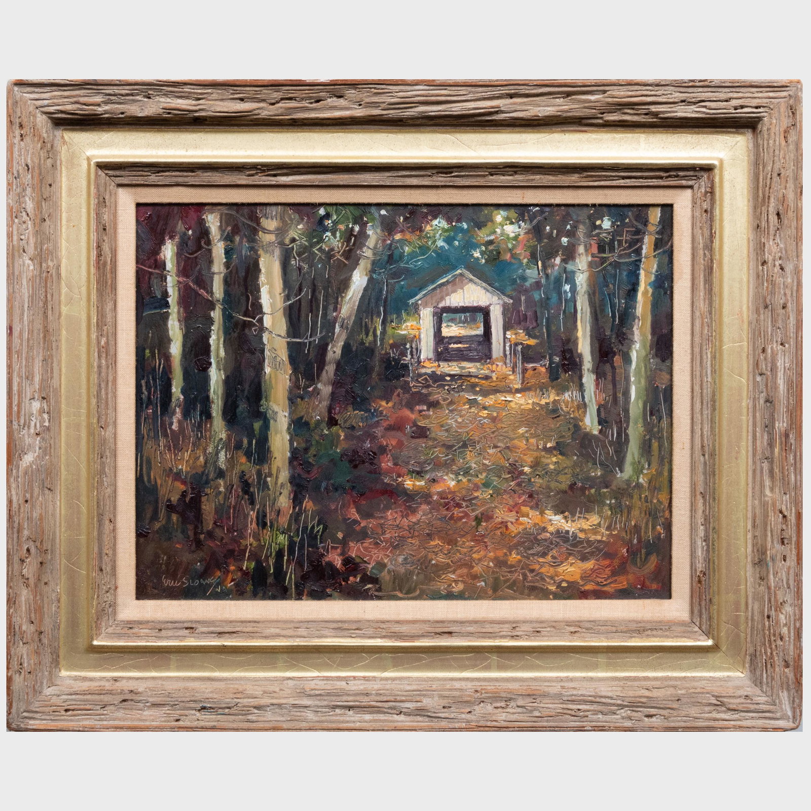 Eric Sloane (1905-1985): Autumn Leaves: Eric Sloane (1905-1985): Autumn Leaves Oil on Masonite, signed 'Eric Sloane' lower left, signed and titled on the reverse. 12 x 16 in., 18 1/2 x 22 1/2 in. (frame). Property from the Collection of Flo