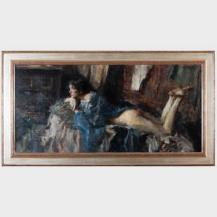 Ron Hicks (b. 1966): Between the Poses: Ron Hicks (b. 1966): Between the Poses Oil on canvas, 2006, signed 'Hicks' upper right, with label from Arcadia Fine Arts, NY. 19 x 40 in., 25 x 46 in. (frame). Arcadia Fine Arts, NY.