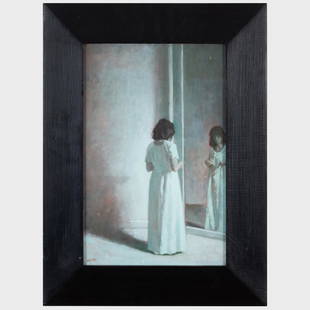 Aaron Shikler (1922-2015): Woman at a Mirror: Aaron Shikler (1922-2015): Woman at a Mirror Oil on canvas, 1998, signed with initials 'AAS' and dated lower left, with label from Davis & Langdale Company, Inc., NY. 14 x 9 in., 18 3/4 x 14 in. (fram