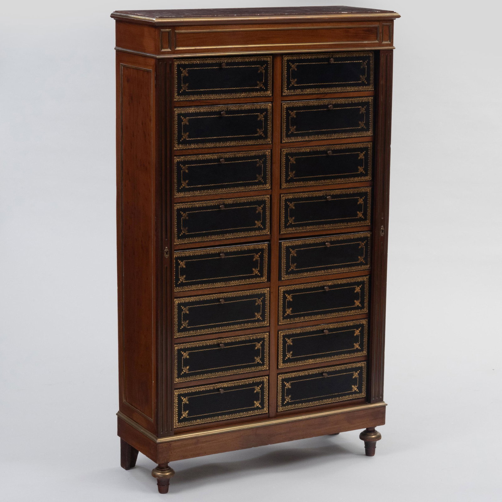 Late Napoleon III Brass-Mounted Plum Pudding Mahogany and Leather Cartonnier: Late Napoleon III Brass-Mounted Plum Pudding Mahogany and Leather Cartonnier Stamped twice on the back, ' Augros... 12, Rue Drouot, Paris, Sièges....'. And indistinctly signed in ink under the ma
