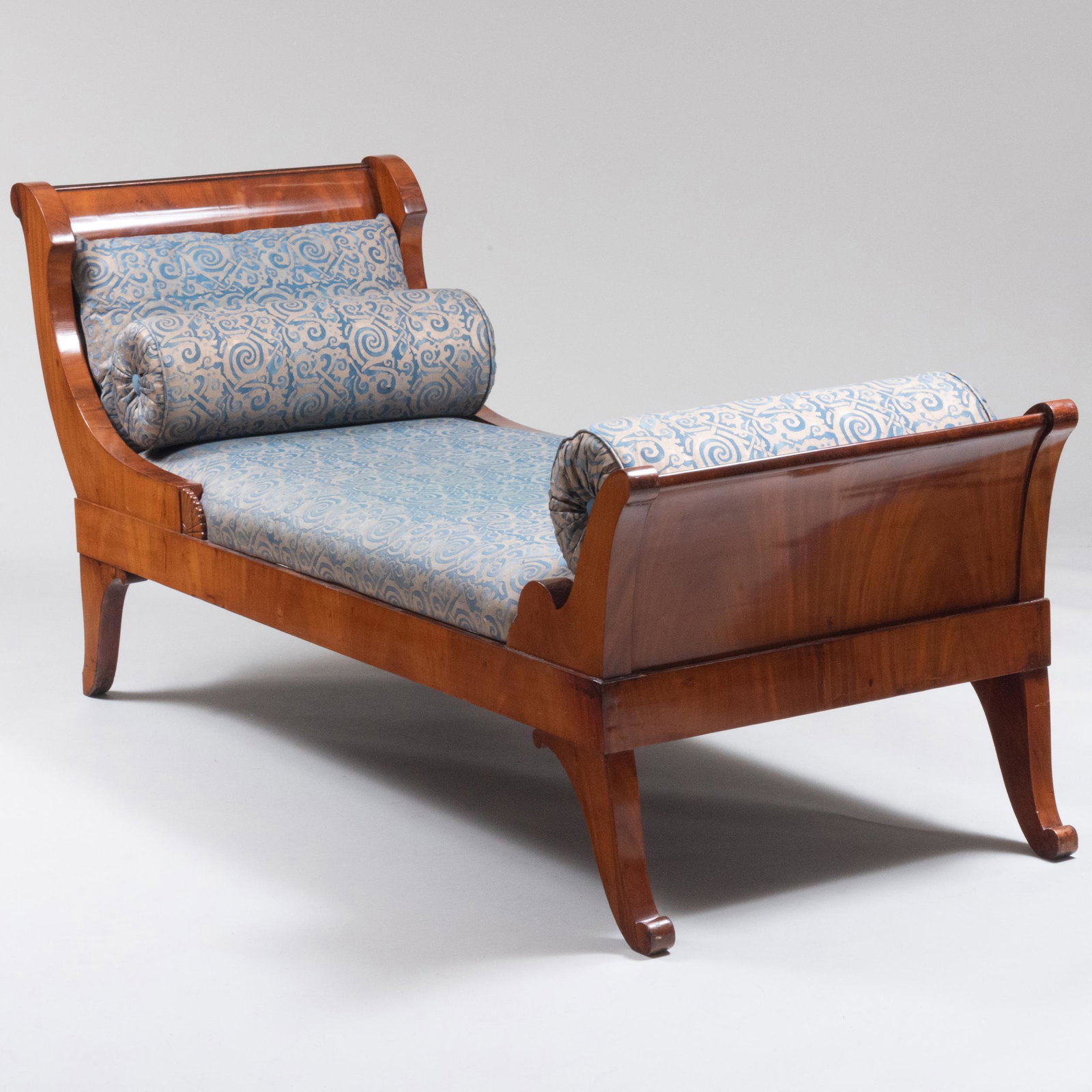 Biedermeier Mahogany Day Bed: Biedermeier Mahogany Day Bed Upholstered in Fortuny fabric. 37 x 7 ft. x 30 1/4 in., seat height 18 1/2 in.