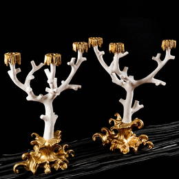 Pair of Oriel Harwood Parcel-Gilt Plaster Three-Light 'Grotto' Candelabra