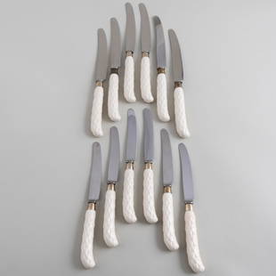 Set of Twelve English Porcelain Handled Dinner Knives and Twelve Lunch Knives, After Syrie Maugham: Set of Twelve English Porcelain Handled Dinner Knives and Twelve Lunch Knives, After Syrie Maugham The dinner knives 10 1/2 in. long, the lunch knives 9 in. long.