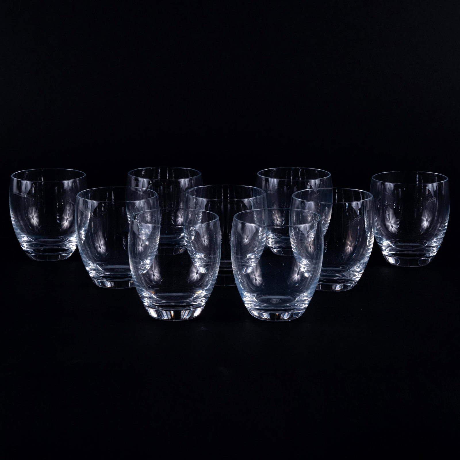 Set of Nine Baccarat Glasses: Set of Nine Baccarat Glasses Acid stamp. 3 1/4 x 3 in. diam. Property from the Estate of R.C. Bald Donated by Margaret Bald Sold to Benefit the Finger Lakes Land Trust