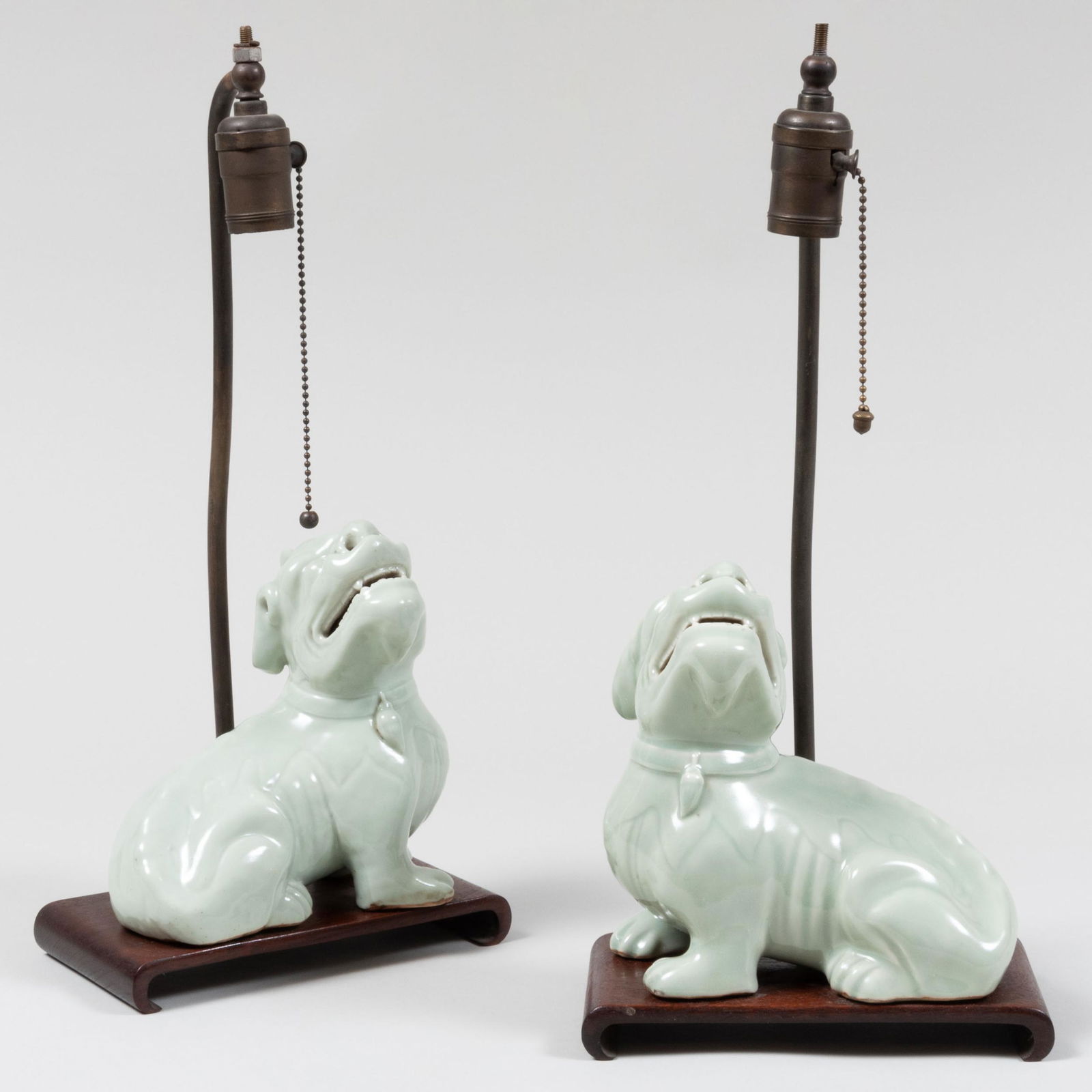 Pair of Chinese Celadon Glazed Porcelain Mythical Beasts Mounted as Lamps (1 of 7)