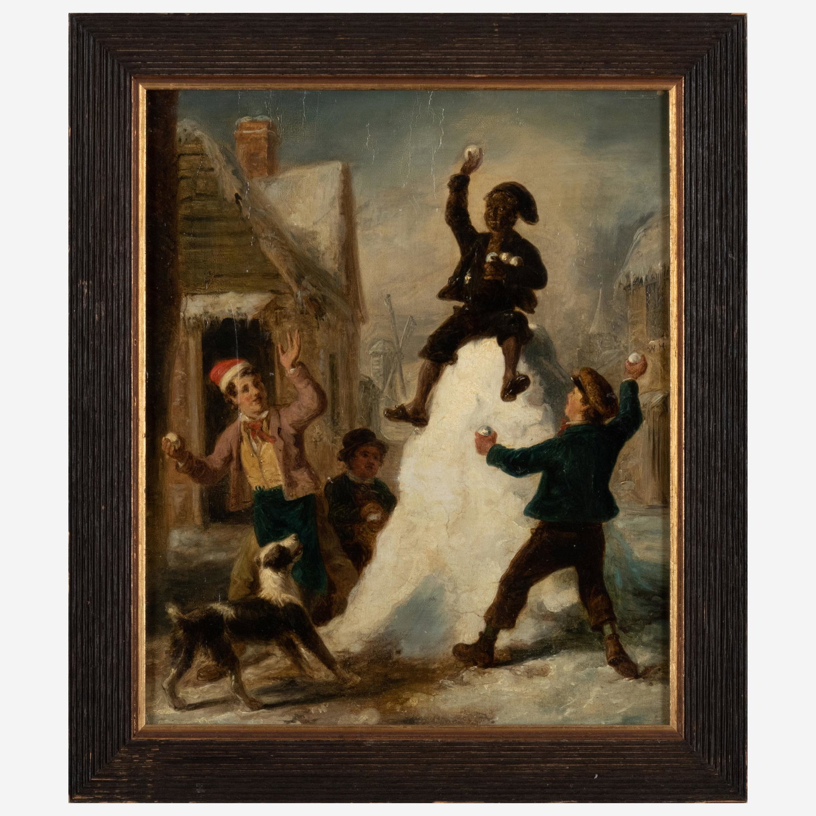 European School: Snow Ball Fight: European School: Snow Ball Fight Oil on panel, signed with initials 'W.H.' center right. 14 x 12 in., 17 1/4 x 14 3/4 in. (frame).