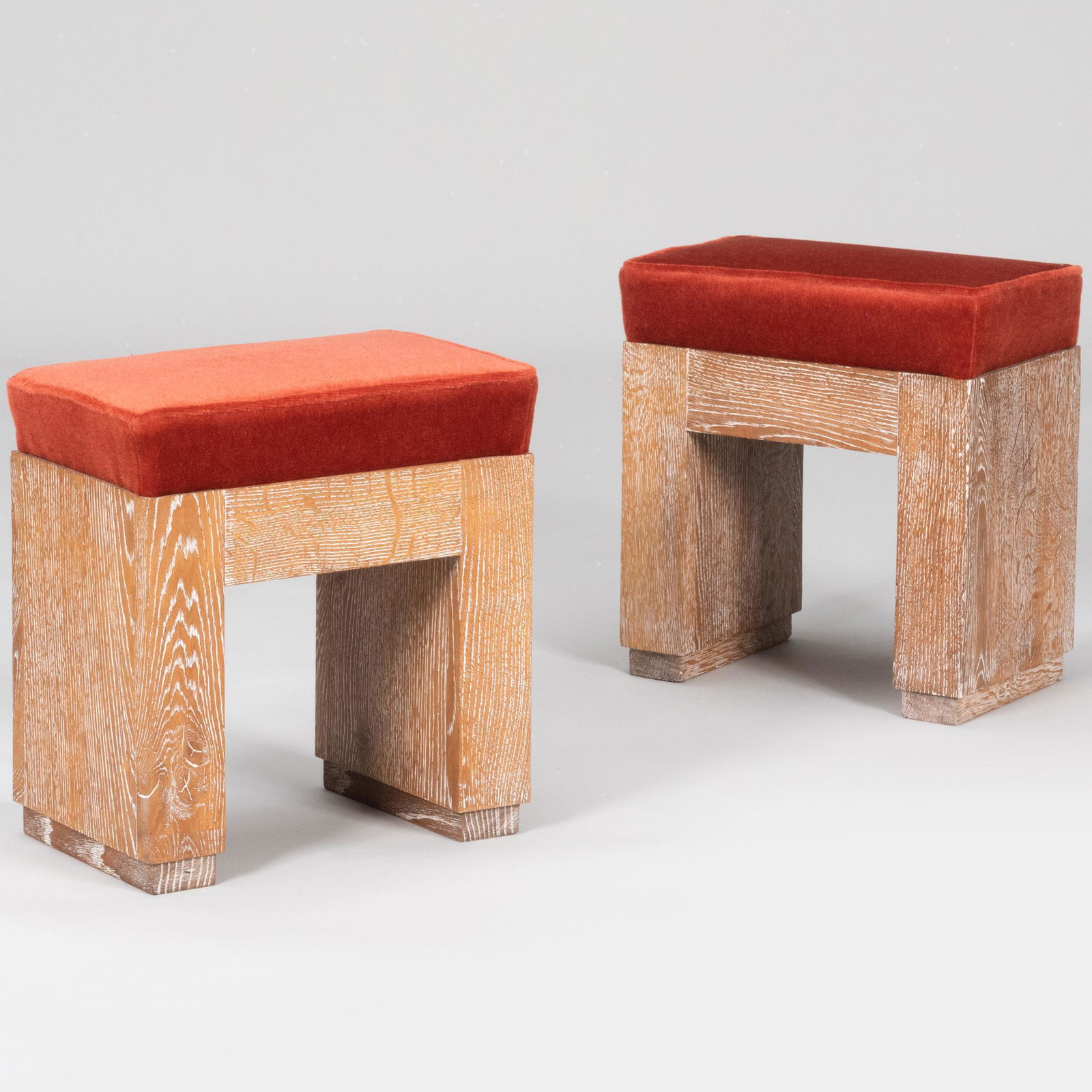 Pair of Modern Ceruse Oak and Mohair Upholstered Stools, designed by Steven Gambrel, after Jean (1 of 10)