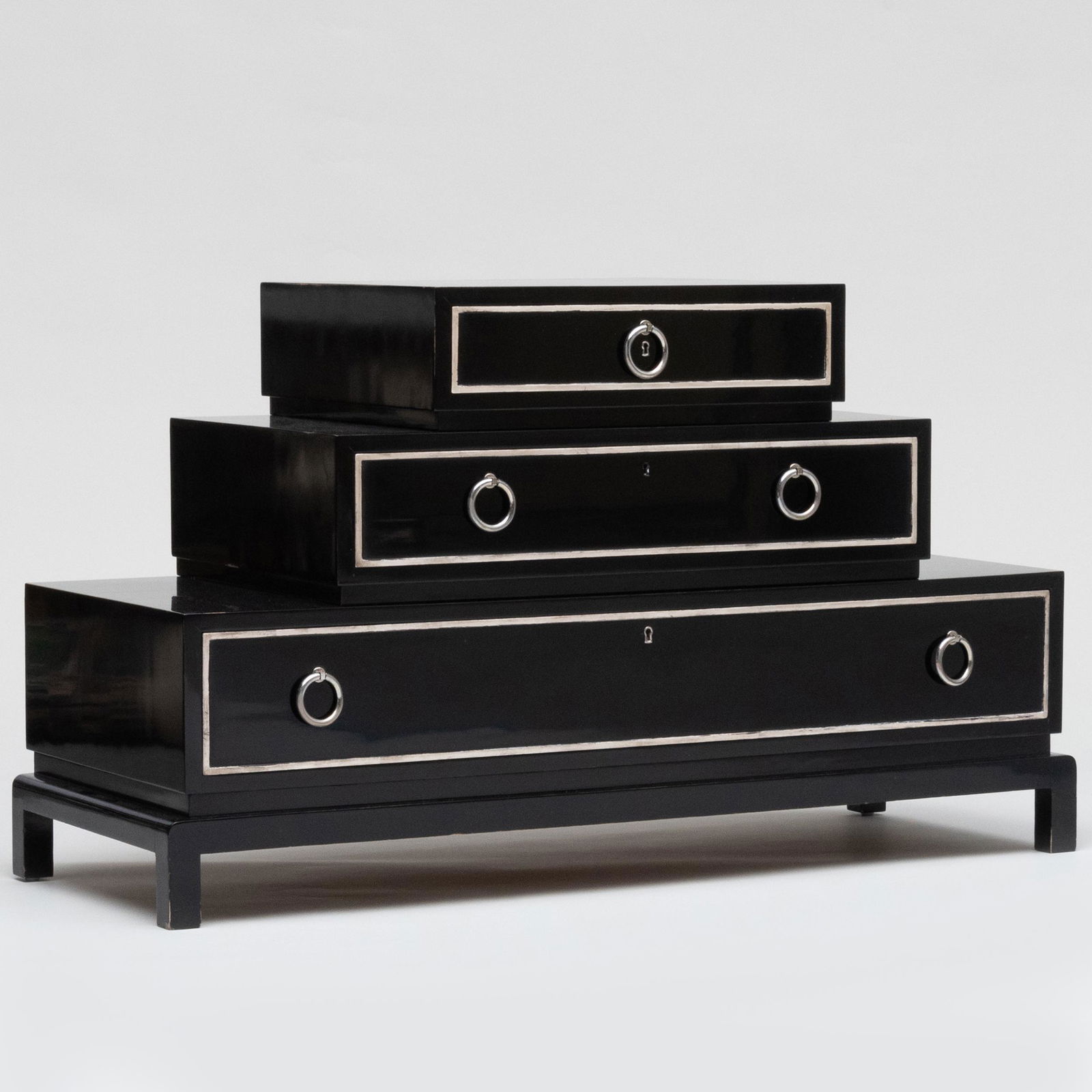 French Mid Century Black Lacquer and Silver Leaf Three Tier Cabinet (1 of 9)