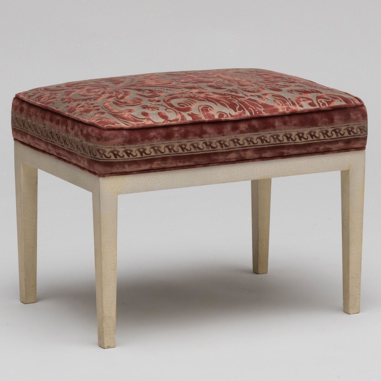 White Painted Stool with Fortuny Fabric, in the manner of Samuel Marx: White Painted Stool with Fortuny Fabric, in the manner of Samuel Marx 19 x 25 x 18 in. A Hamptons Interior Designed by Steven Gambrel
