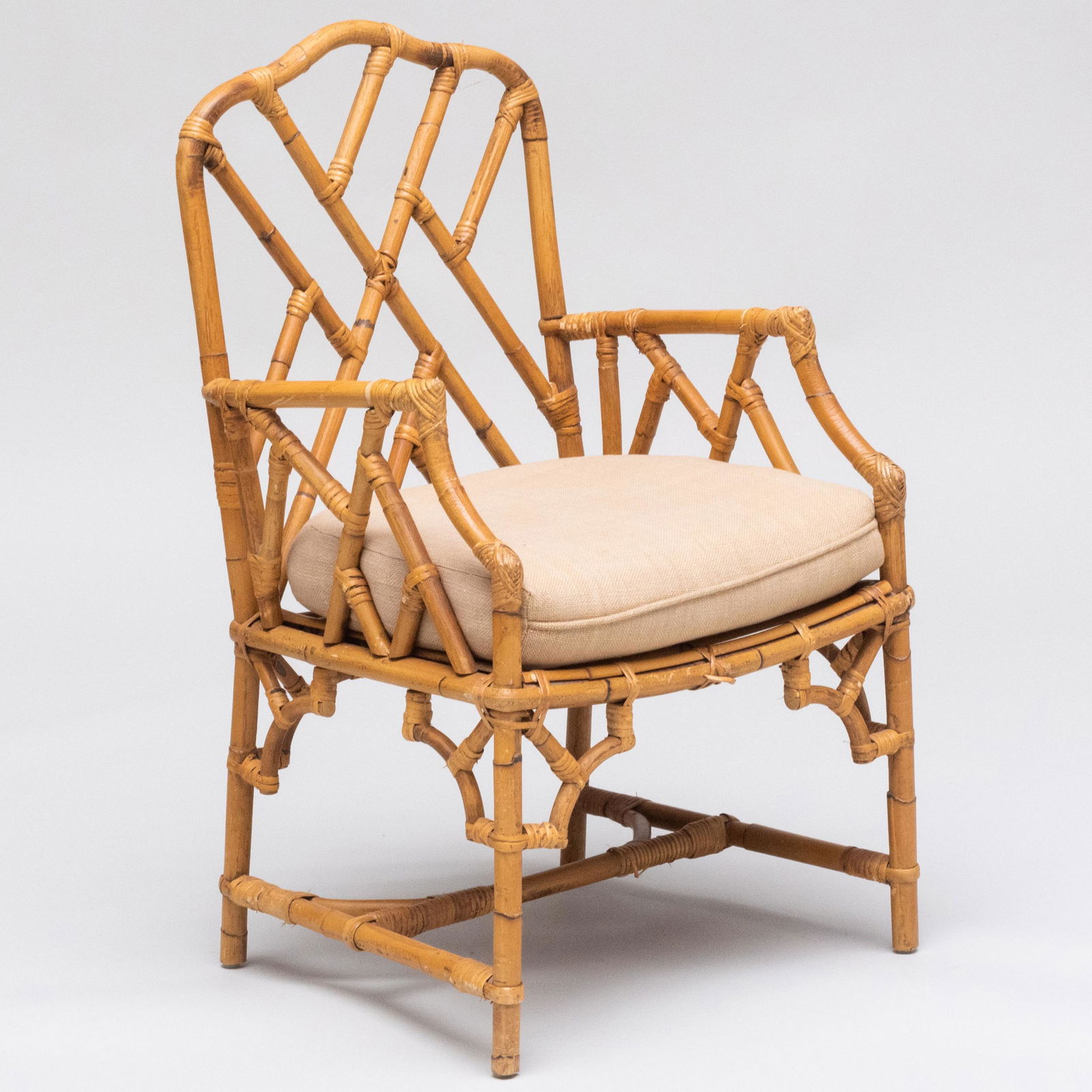 Rattan Wrapped Bamboo Armchair with Linen Upholstered Seat (1 of 12)