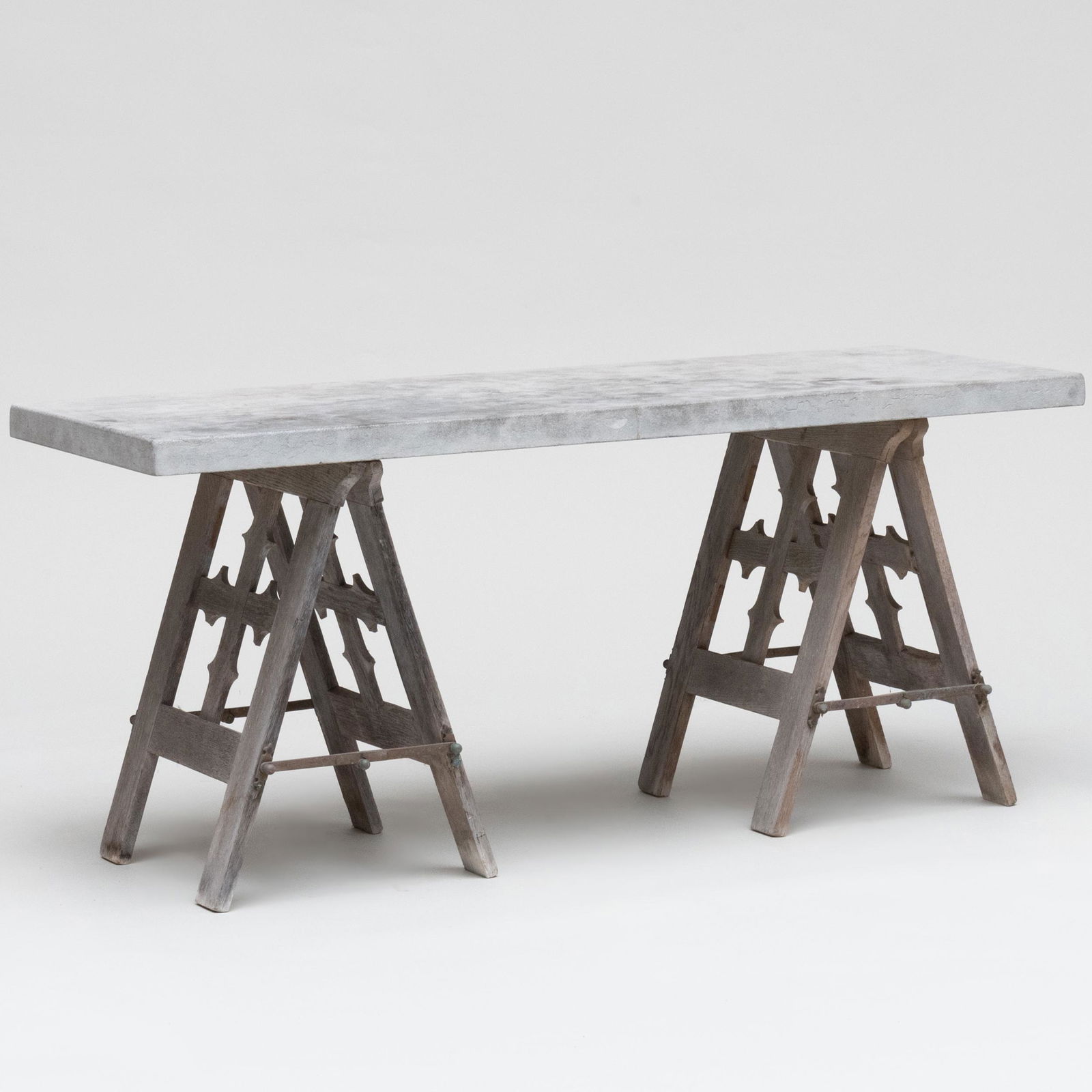Gothic Revival Metal-Mounted Oak Trestle Table with a Later Stone Top (1 of 8)