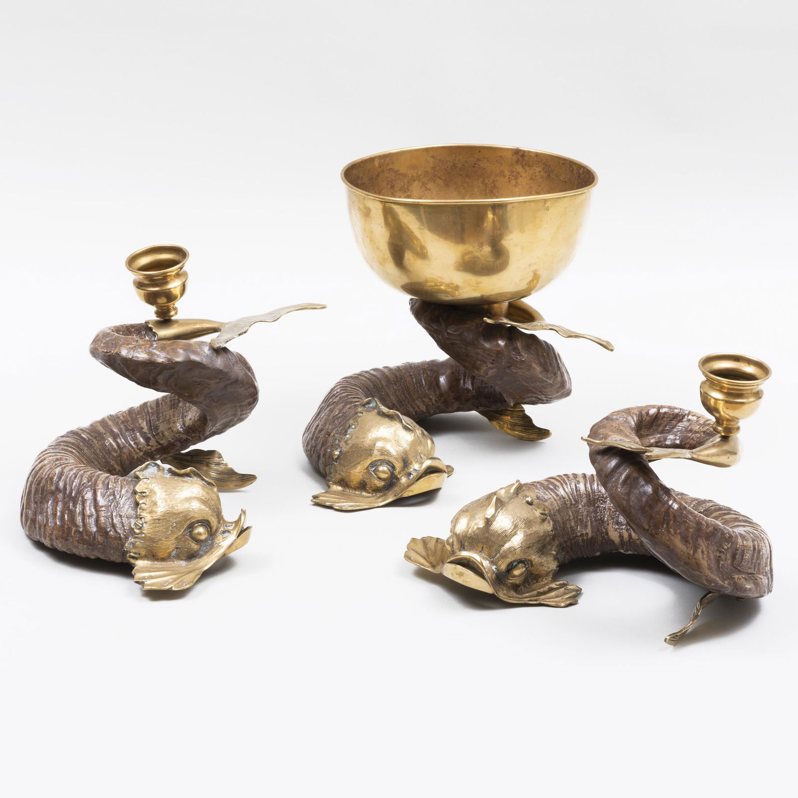 Pair of Brass-Mounted Faux Horn Dolphin Form Candlesticks and a Compote (1 of 20)