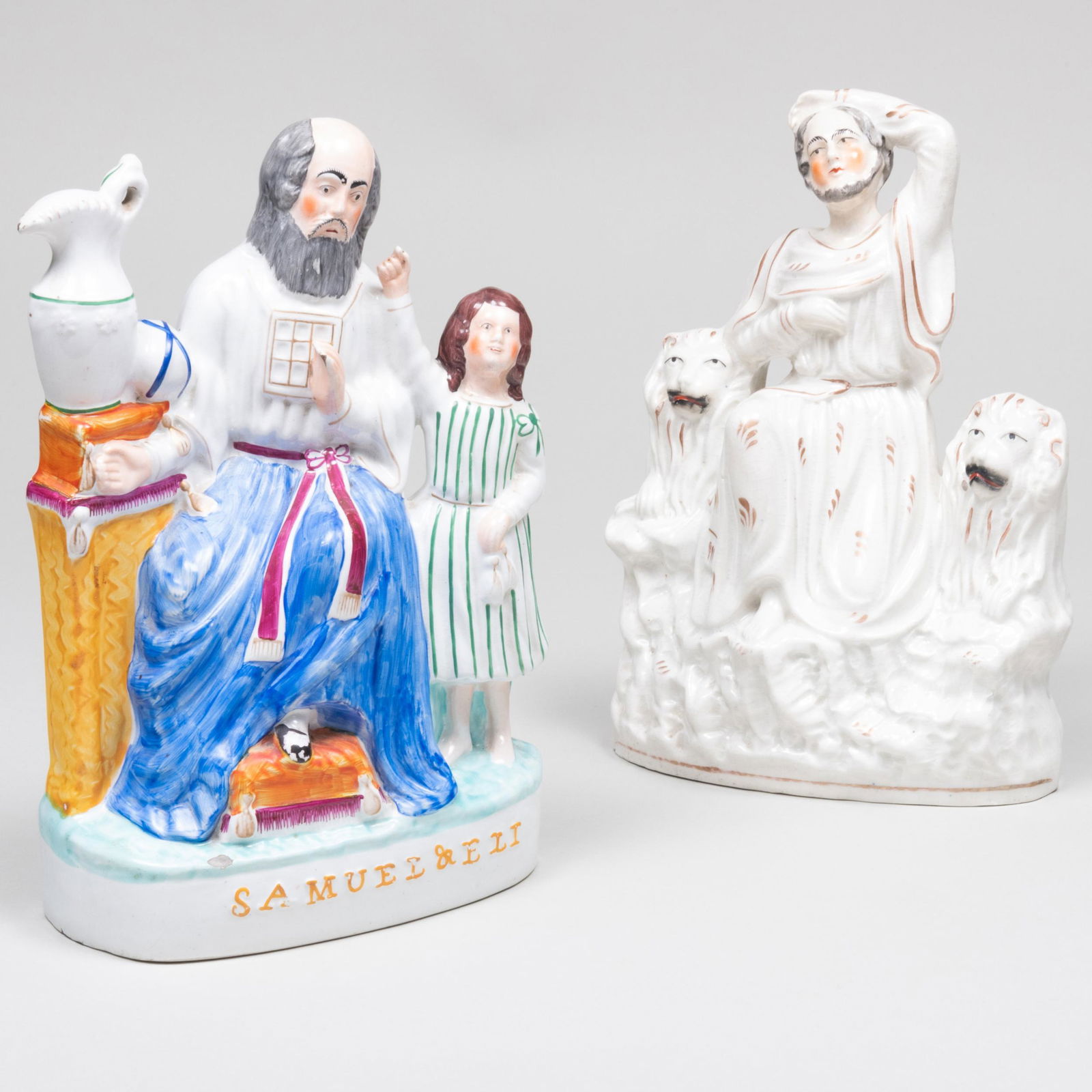 Staffordshire Group of Samuel & Eli and a Group of Daniel and the Lions: Staffordshire Group of Samuel & Eli and a Group of Daniel and the Lions Unmarked. Samuel & Eli 11 1/2 x 7 1/2 x 4 in., Matthew 11 x 7 x 3 1/2 in.