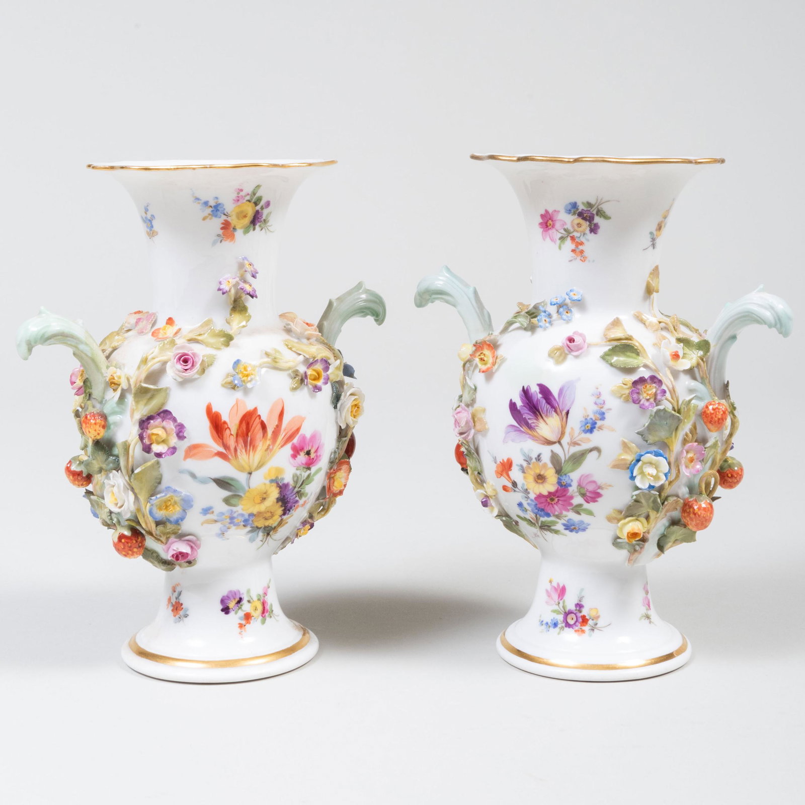 Pair of Meissen Porcelain Flower Encrusted Vases (1 of 9)