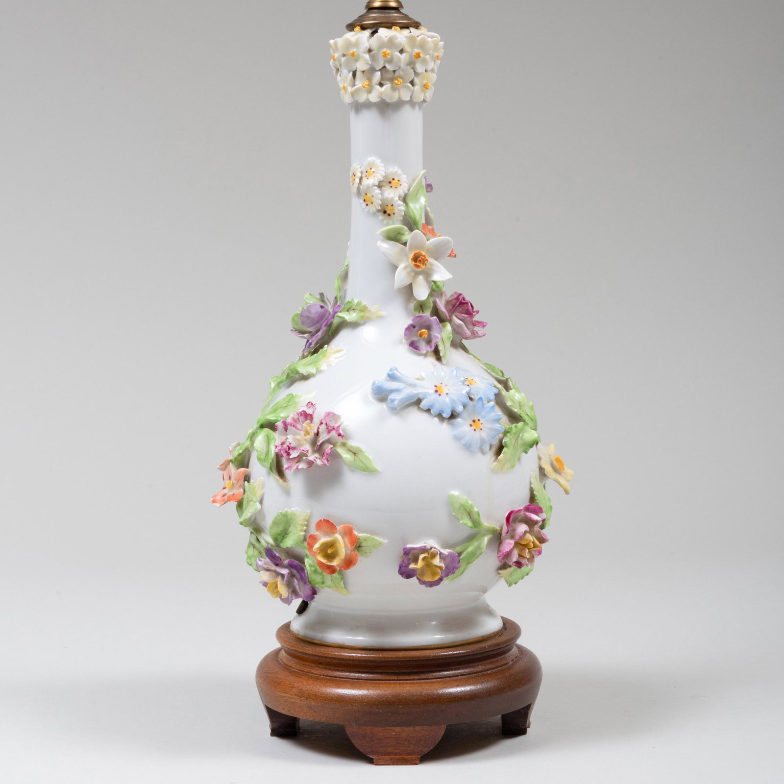 Continental Porcelain Flower Encrusted Bottle Vase Mounted as a Lamp (1 of 8)