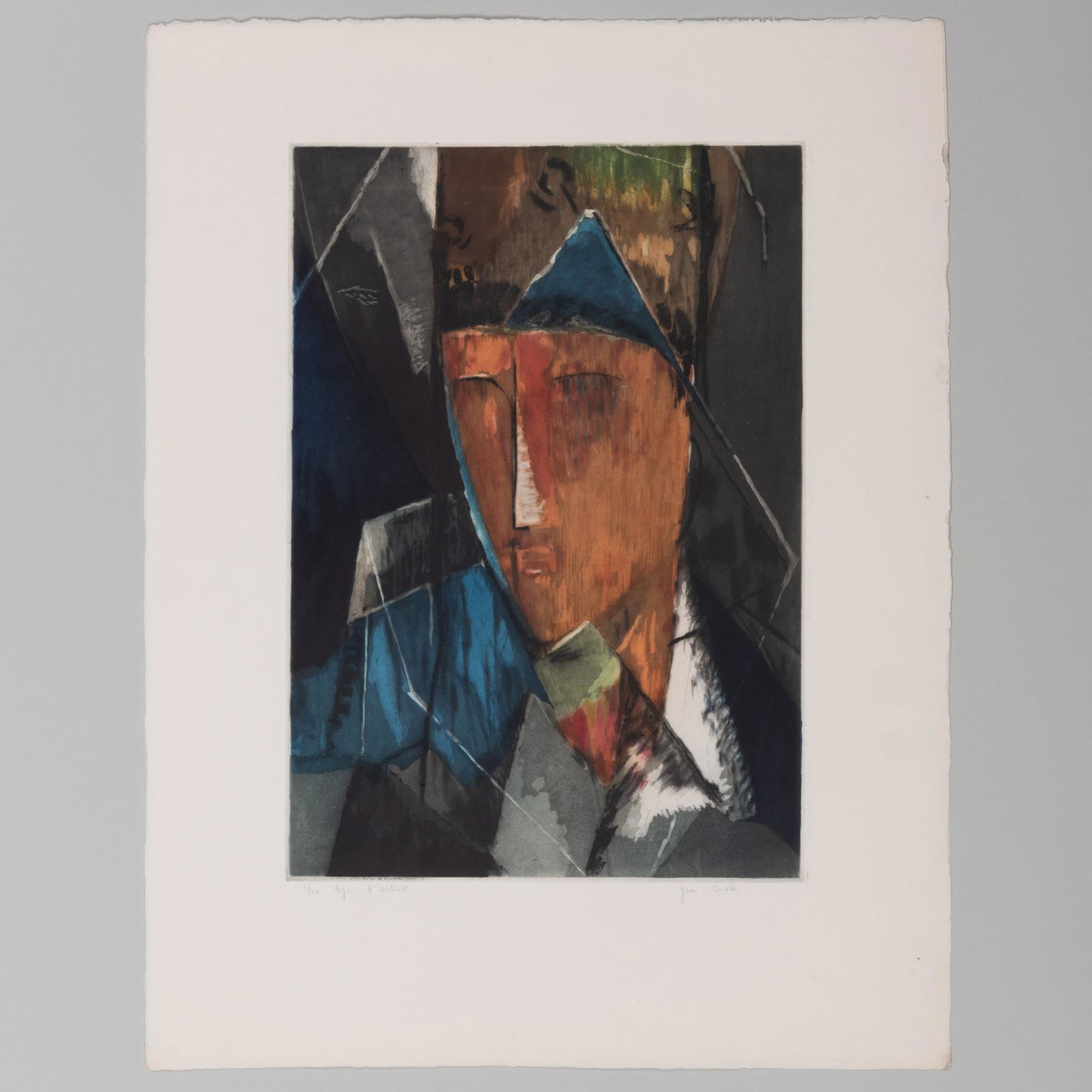Jacques Villon (1875-1963): D'AprÃ¨s Crotti, Portrait d'Homme: Aquatint in colors on wove paper, 1928, inscribed 'Jean Crotti' and 'epr. d'artist' in pencil, numbered 3/10. 26 x 20 in. (sheet), unframed. Note: Artist Jean Crotti was married to Villon's sister, ar