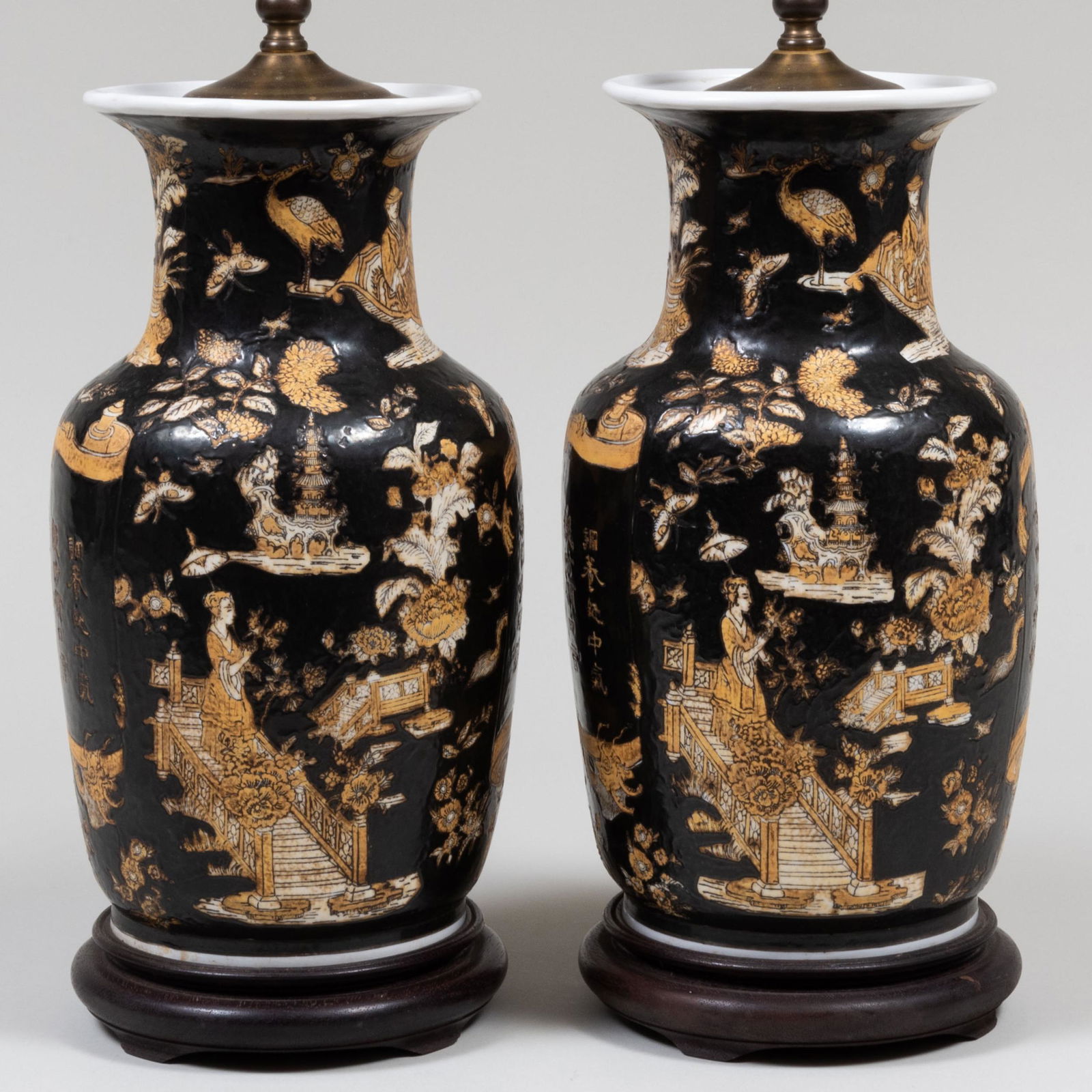 Pair of Chinese Famille Noire Vases Mounted as Lamps (1 of 11)