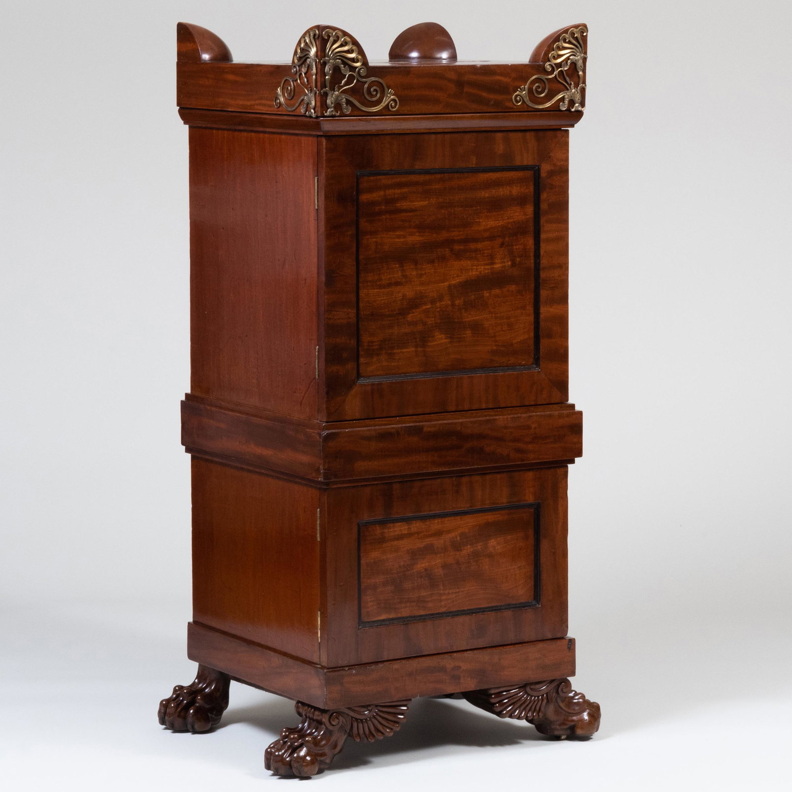 Regency Gilt-Metal-Mounted Mahogany Pedestal Cabinet, In the Manner of Thomas Hope: Regency Gilt-Metal-Mounted Mahogany Pedestal Cabinet, In the Manner of Thomas Hope 4 ft. 6 1/4 in. x 28 1/2 x 21 1/2 in.