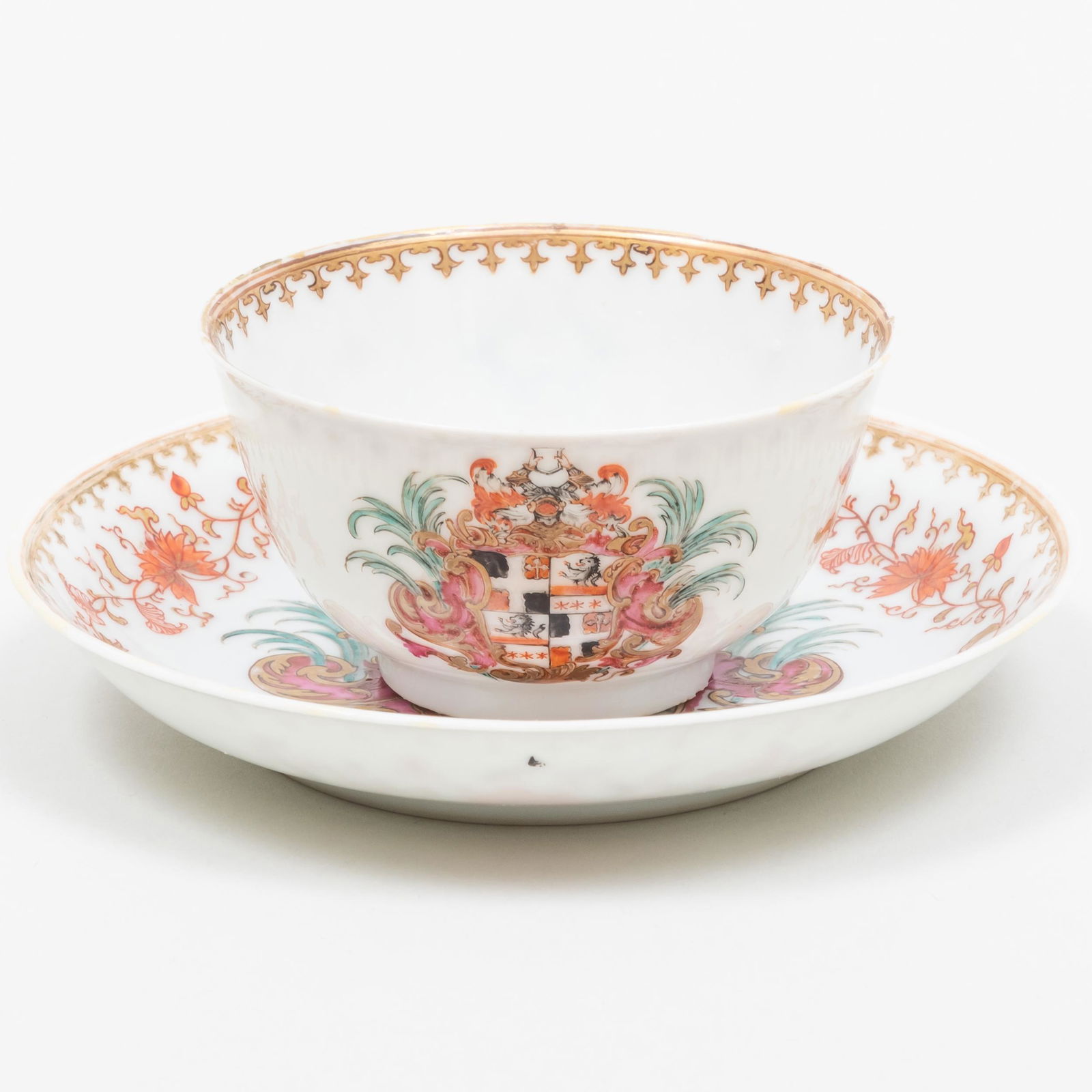 Chinese Export Porcelain Teabowl and Saucer with Arms of Rudge Quartering Chalmers (1 of 10)