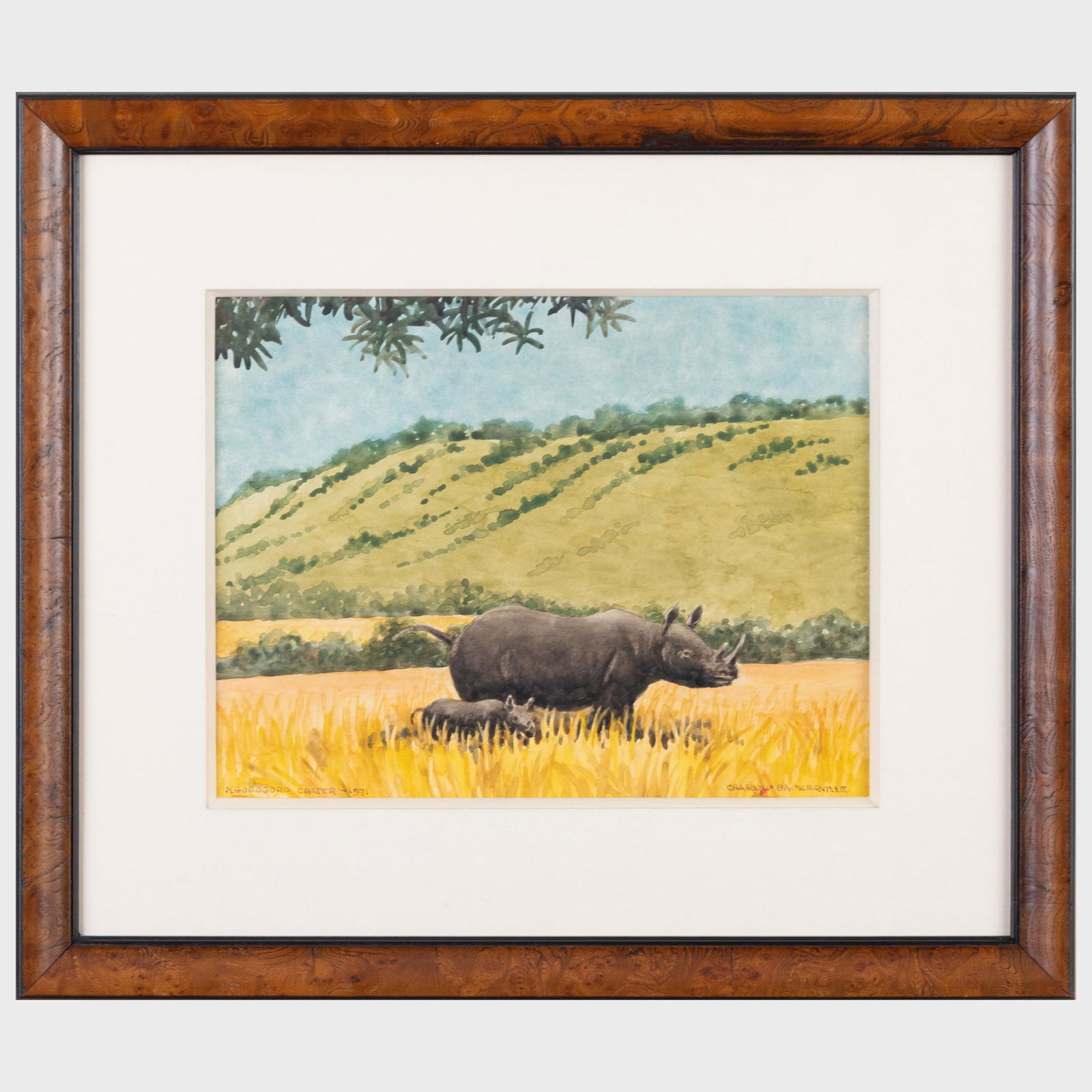 Charles Baskerville (1896-1994): A Leopard; and A Rhino: Charles Baskerville (1896-1994): A Leopard; and A Rhino Two watercolor on paper, signed 'Charles Baskerville' lower left and right, A Rhino dated 1971 and inscribed 'Ngorogoro' lower left.Both 10 x 13