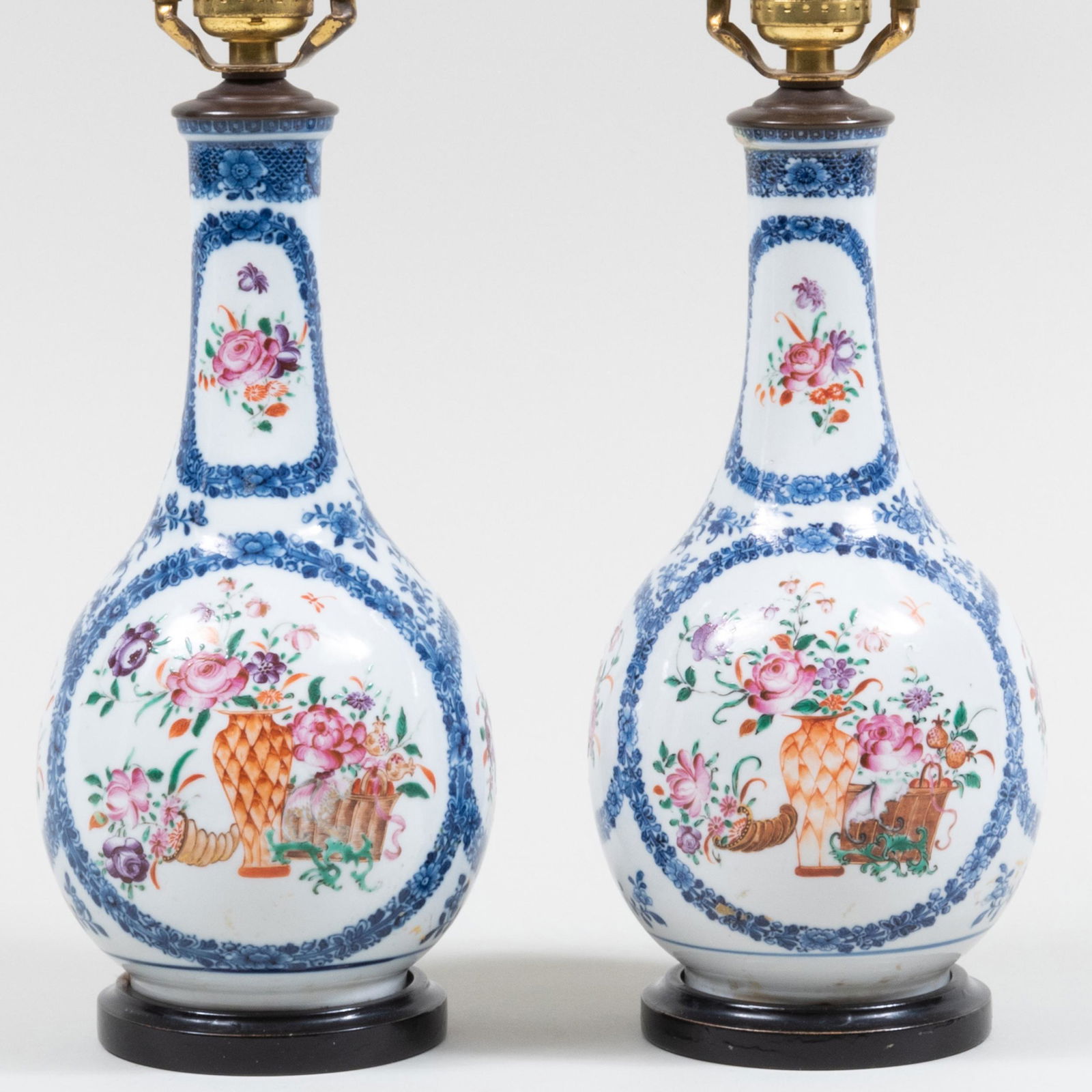 Pair of Chinese Export Porcelain Bottle Vases Mounted as Lamps (1 of 6)