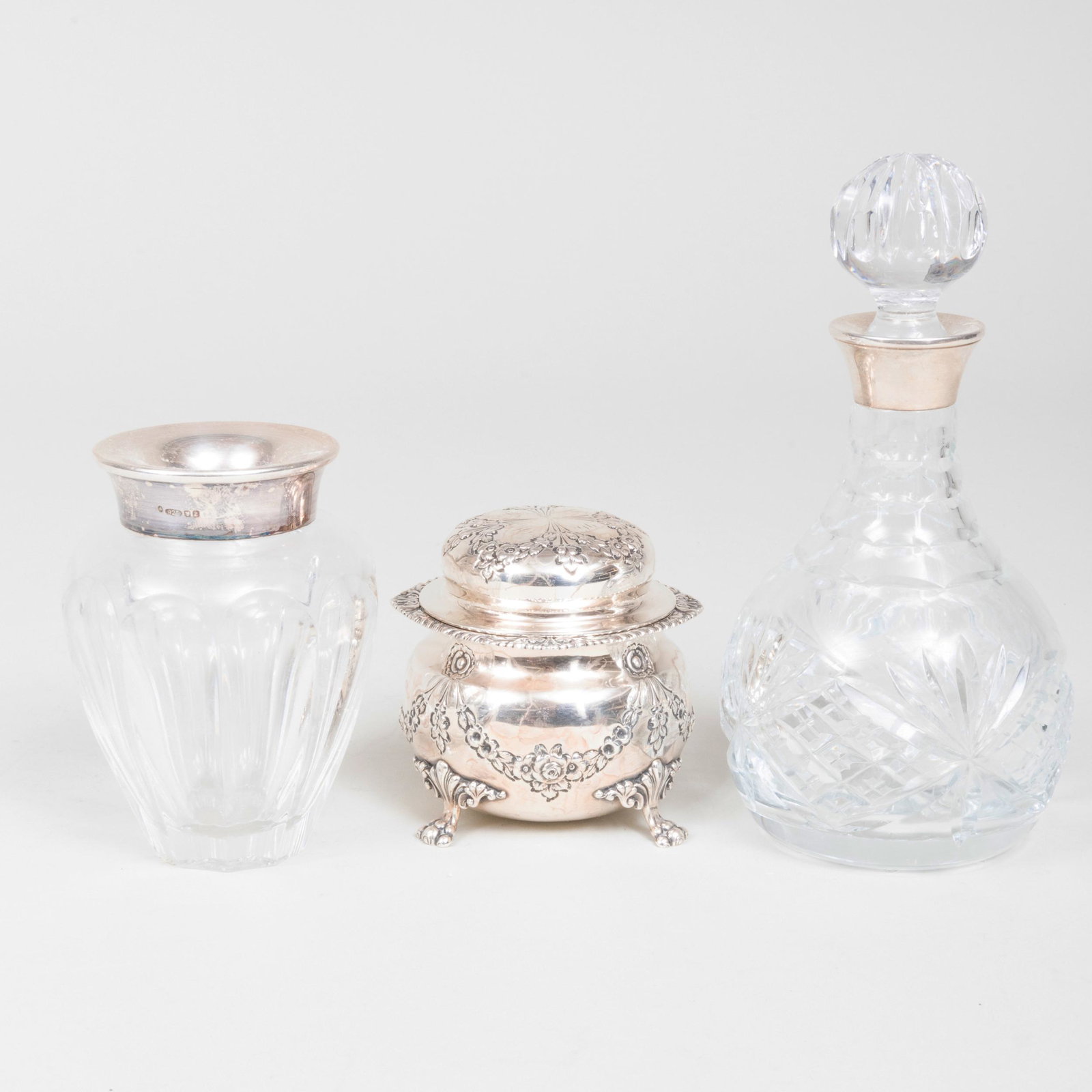 Two English Silver Mounted Glass Articles and an American Silver Powder Box (1 of 6)