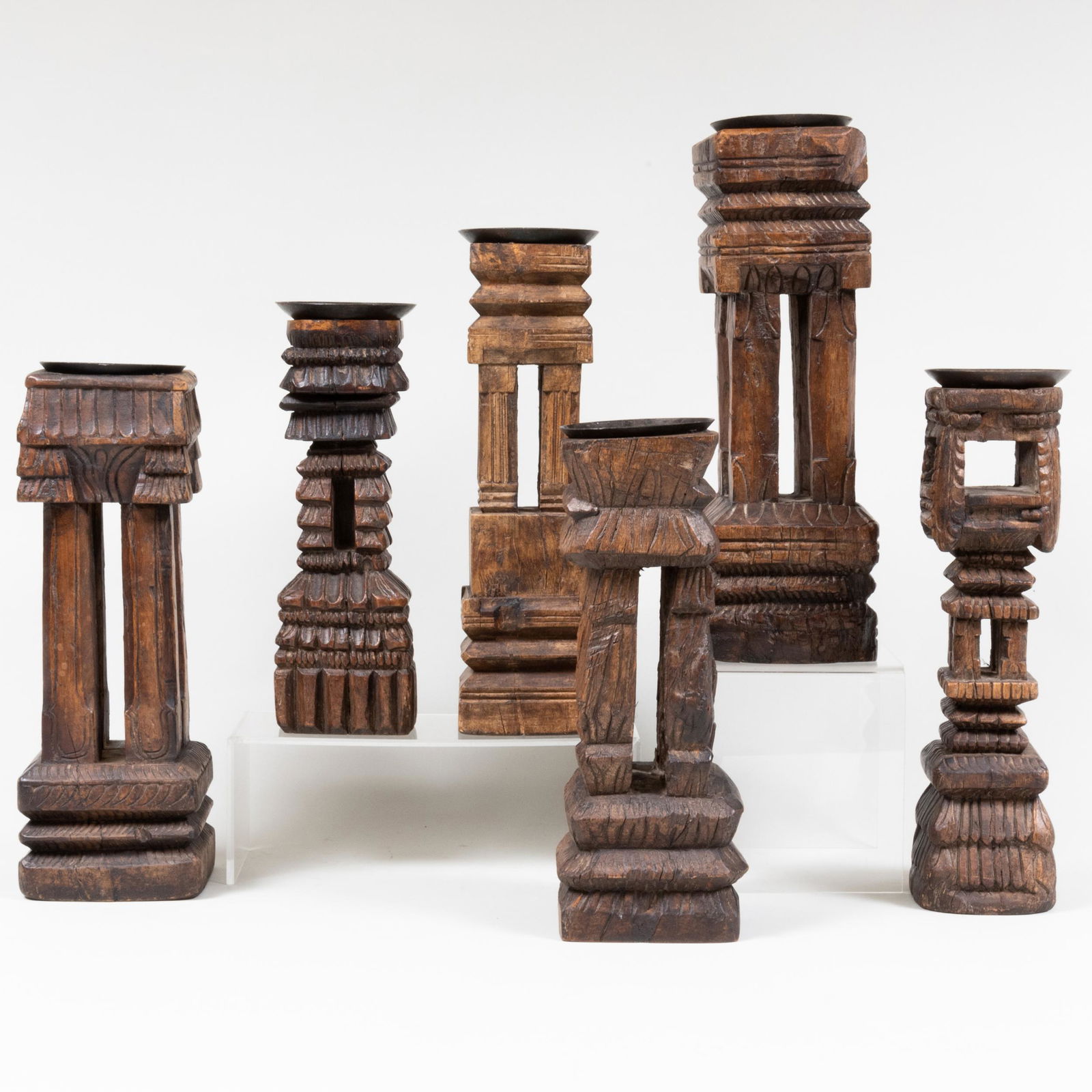 Group of Six Indian Carved Wood and Metal Candlesticks (1 of 11)