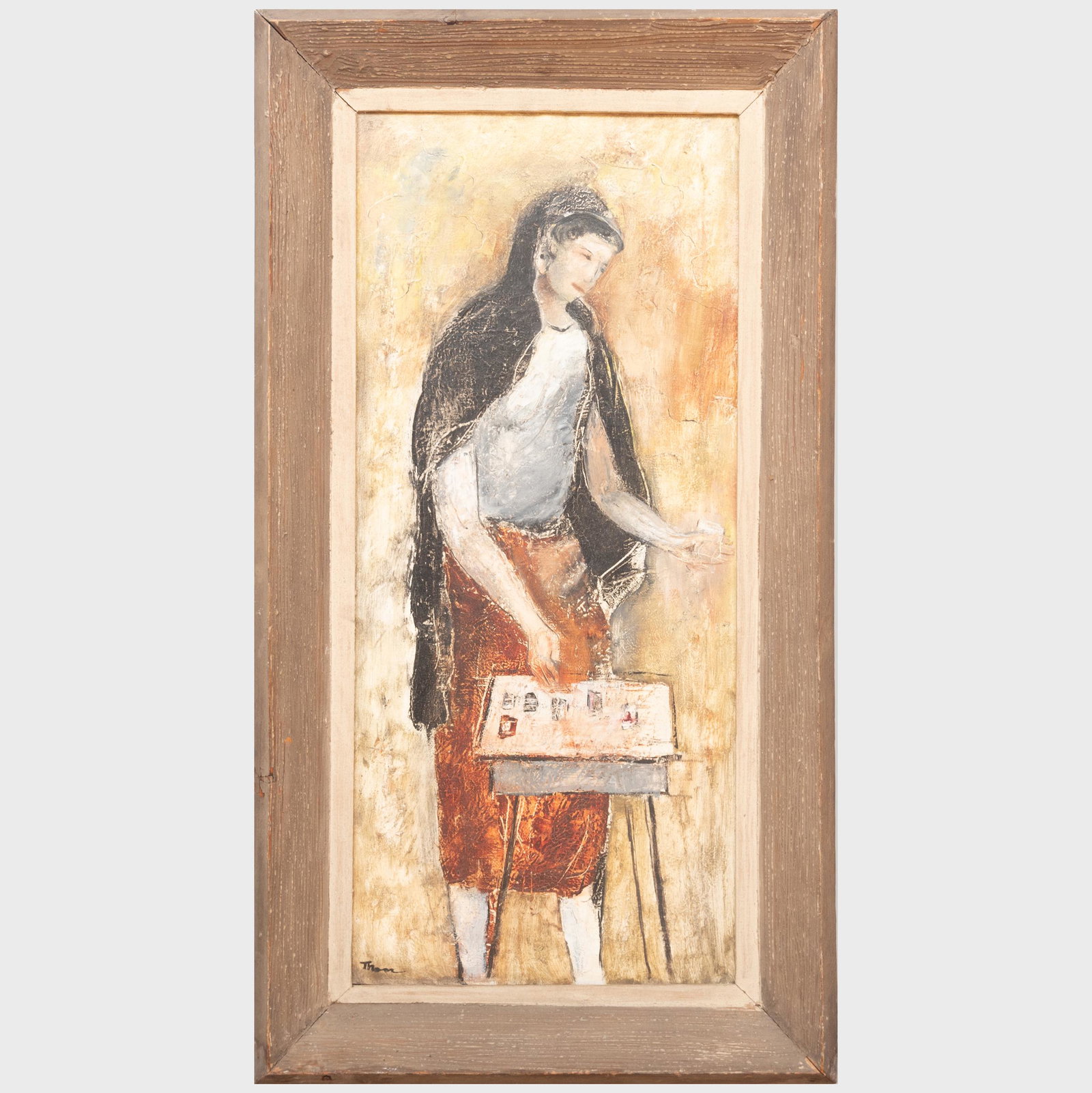 William Thon (1906-2000) : Cigarette Girl, Rome: William Thon (1906-2000) : Cigarette Girl, Rome Oil on canvas, signed 'Thon' lower left, with label from Midtown Gallery, NY. 26 x 12 in., 30 1/2 x 17 in. (frame). The estate of the artist.