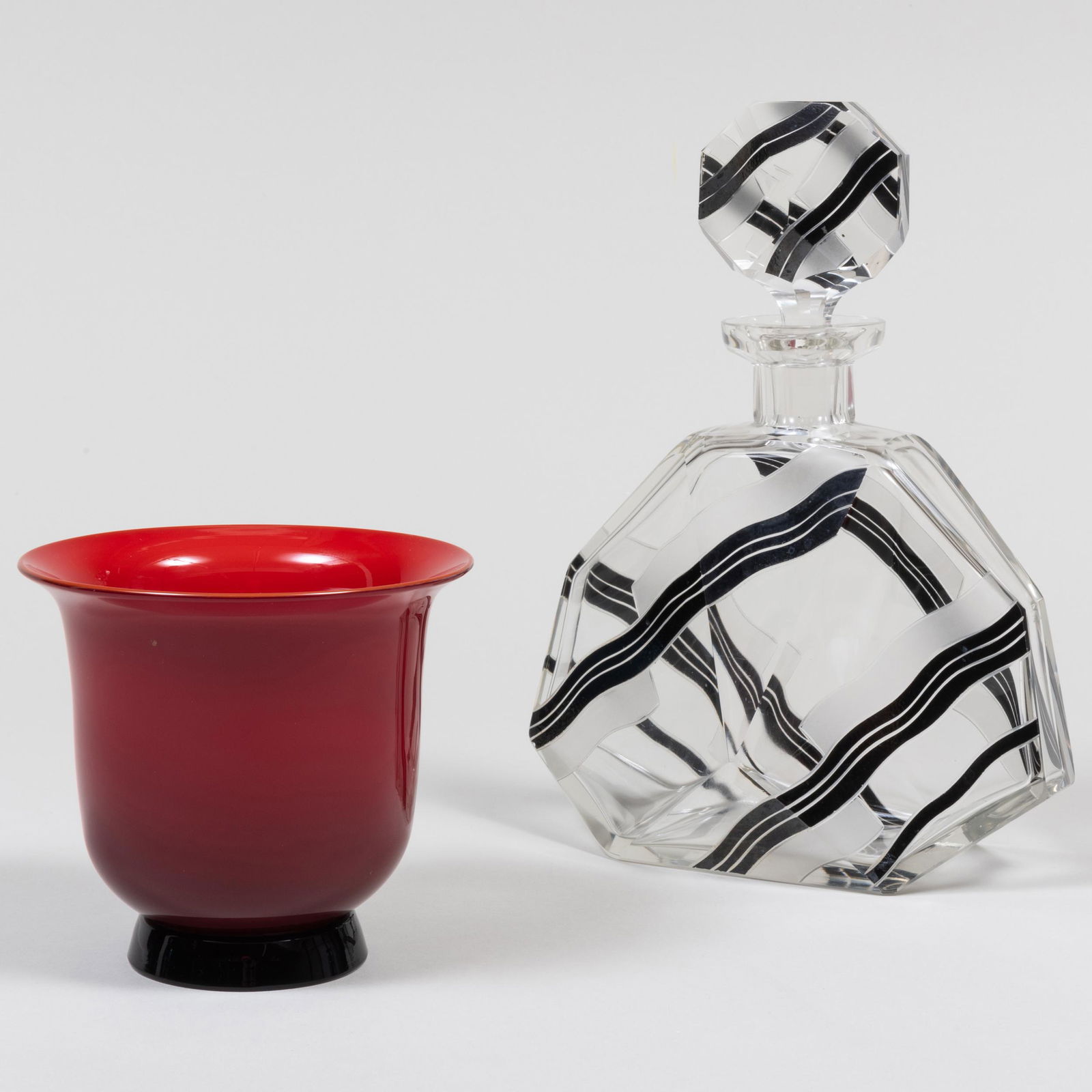 Venini Red Glass Vase and a Continental Etched and Enameled Glass Decanter and Stopper (1 of 10)